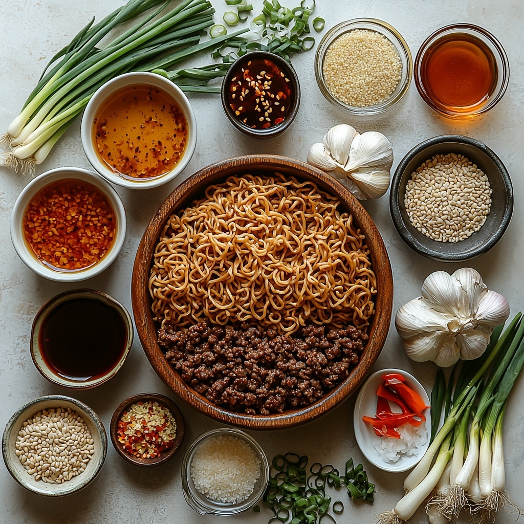 A clean, bright white surface featuring a neatly arranged flat lay of the key ingredients for Mongolian Ground Beef Noodles: a wooden bowl of golden lo mein or ramen noodles with their slightly glossy, springy texture; a rustic ceramic dish holding rich, browned ground beef with a juicy, crumbly texture; small white bowls containing glossy dark soy sauce, thick and shiny hoisin sauce, and a sticky, caramel-colored brown sugar; a tablespoon of golden avocado oil in a glass container; minced garlic and finely grated fresh ginger placed on small white spoons, showcasing their vibrant pale ivory and light tan colors and fine textures; a bowl of deep amber oyster sauce with a smooth surface; a small heap of bright red chili flakes adding a pop of color; cornstarch powder appearing as a fine white dust next to a small glass of clear watery slurry; fresh green onions sliced into thin vibrant green rings arranged neatly on a modern white plate, some whole stalks beside it for contrast; and a small scattering of glossy off-white sesame seeds on a dark ceramic dish. The ingredients are spaced thoughtfully to highlight contrasting colors and textures, with soft natural lighting casting gentle shadows to emphasize freshness and detail. The composition is balanced and uncluttered, showcasing each element clearly, styled with minimal rustic props for an inviting, contemporary Asian-inspired look. Overhead shot, top down view, flat lay photography, professional food styling --ar 1:1 --q 2 --s 750 --v 6.1