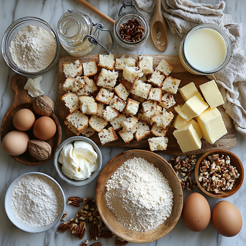 vanilla bean split open with visible seeds, a rustic loaf of French bread cut into 1-inch cubes in a wooden bowl, six large brown eggs arranged naturally on a white ceramic plate, a glass measuring cup filled with whole milk, a small glass bowl of heavy cream with glossy texture, two small clear bowls—one with granulated sugar sparkling under soft light, the other with all-purpose flour showing fine powder texture, a small jar of golden vanilla extract with a wooden dipper beside it, a delicate heap of ground cinnamon in a ceramic spoon, a small pinch of salt crystals on a white surface, cold unsalted butter cut into neat cubes on a light wood cutting board, a small mound of chopped pecans and walnuts mixed together in a white bowl, arranged neatly on a clean pale marble countertop with soft natural diffused lighting, subtle shadows enhancing textures and colors, warm neutral color palette emphasizing the creamy whites, rich browns, and warm golden tones, minimalistic styling with gentle rustic props such as linen napkin and wooden utensils subtly placed around, overhead shot, top down view, flat lay photography, professional food styling --ar 1:1 --q 2 --s 750 --v 6.1