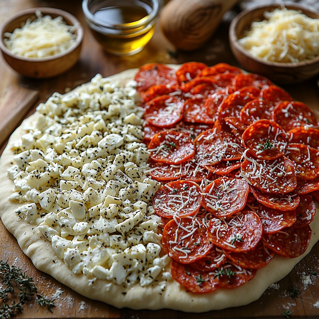 Refrigerated pizza dough sheet, smooth pale beige with slight flour dusting; small bowl of vibrant red tomato pizza sauce mixed with greenish Italian seasoning herbs; heap of shredded mozzarella cheese, soft white strands with creamy texture; stack of glossy, thin pepperoni slices in rich reddish-orange hues with oily sheen; small dish of golden olive oil or melted butter glistening softly; small bowl of finely grated pale yellow parmesan cheese; all ingredients neatly arranged on a clean, light wooden surface with natural soft lighting highlighting textures and colors, gentle shadows creating depth, minimal rustic props like a floured linen cloth and a wooden spoon nearby for stylistic warmth, inviting and fresh composition, overhead shot, top down view, flat lay photography, professional food styling --ar 1:1 --q 2 --s 750 --v 6.1