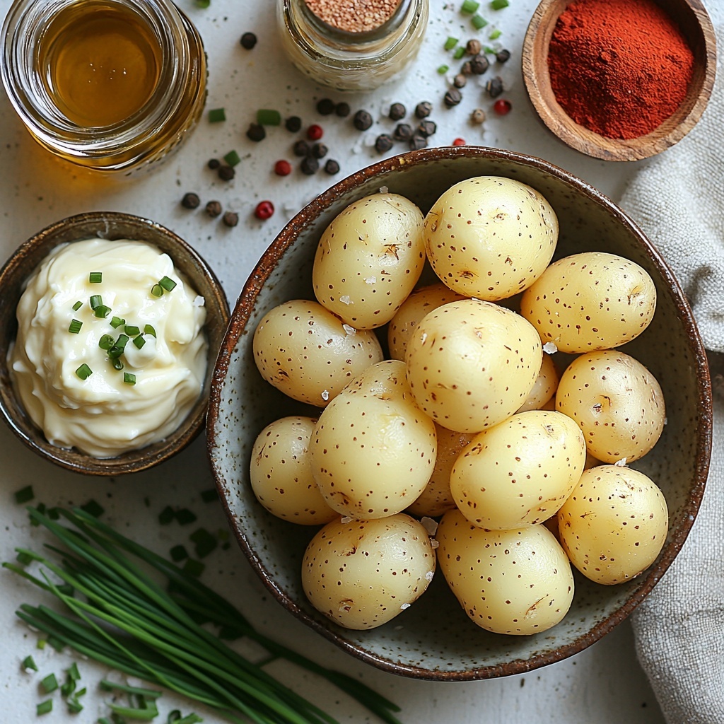 15 small whole potatoes with smooth, light brown skins arranged in a loose cluster on a clean white surface; a small rustic ceramic bowl filled with creamy, pale beige vegan mayonnaise beside a vintage glass jar containing bright yellow Dijon mustard; a slender small glass bottle of amber apple cider vinegar with a cork stopper nearby; small piles of coarse white salt and freshly cracked black peppercorns scattered artfully on the surface; a tiny wooden bowl holding dark gray-black Kala Namak (black salt) crystals for optional seasoning; vibrant deep red paprika powder dusted in a delicate line on a minimalist white plate; fresh, bright green chopped chives neatly arranged in a small heap on a white porcelain dish; natural soft daylight illuminating the scene with gentle shadows, creating a fresh and inviting atmosphere; textures ranging from smooth and creamy to coarse and powdery, balanced with organic shapes and warm earth tones contrasted by vivid green and red garnish accents; everything spaced thoughtfully to highlight each ingredient's unique character, with subtle kitchen props like a rustic wooden spoon and linen napkin partially visible; overhead shot, top down view, flat lay photography, professional food styling --ar 1:1 --q 2 --s 750 --v 6.1