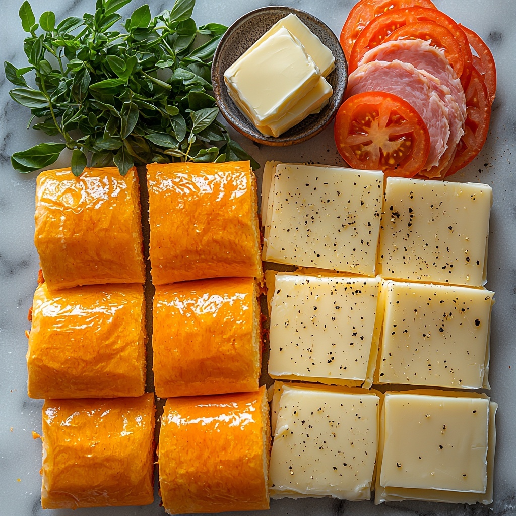 A clean, bright surface featuring a neat arrangement of main ingredients for Hawaiian Roll Grilled Cheese: a full sheet of soft, golden Hawaiian sweet rolls with a glossy, slightly shiny crust; several slices of vibrant orange cheddar cheese neatly stacked, showing their smooth, melty texture; a small dish or pat of creamy, softly melted butter with a rich pale yellow color; thin slices of pink, delicate ham fanned out elegantly; fresh, juicy tomato slices with deep red color and visible seeds; a small bowl or delicate sprinkle of fine garlic powder adding a subtle off-white contrast. The ingredients are spaced with room to breathe, styled with natural light that highlights the warm tones and textures, minimal shadows, and a few sprigs of fresh herbs or green leaves for a pop of color and freshness. The scene feels inviting and artisanal, perfect for a cozy homemade sandwich. Overhead shot, top down view, flat lay photography, professional food styling --ar 1:1 --q 2 --s 750 --v 6.1