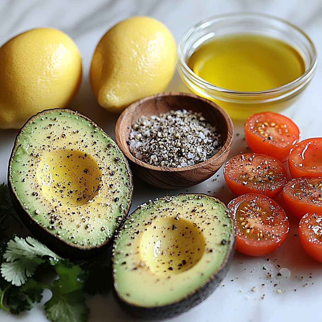 2 large hard-boiled eggs, peeled and chopped, smooth white and yellow textures; 1 ripe avocado, halved showing creamy green flesh and dark outer skin; 1 tablespoon olive oil in a small clear glass bowl, golden and glossy; 1 tablespoon lemon juice in a small transparent dish, pale yellow and fresh; salt and black pepper sprinkled lightly nearby as coarse crystals and specks; 1/4 cup bright red cherry tomatoes, halved revealing juicy interiors; 1/4 cup fresh chopped cilantro, vibrant green leaves with delicate texture. All ingredients carefully arranged on a pristine white surface, spaced evenly in small bowls and loose clusters to showcase their natural colors and textures. Soft natural light highlighting freshness, subtle shadows adding depth, minimal and clean styling with slight rustic accents like a wooden spoon and linen napkin at the edges for warmth. Overhead shot, top down view, flat lay photography, professional food styling --ar 1:1 --q 2 --s 750 --v 6.1
