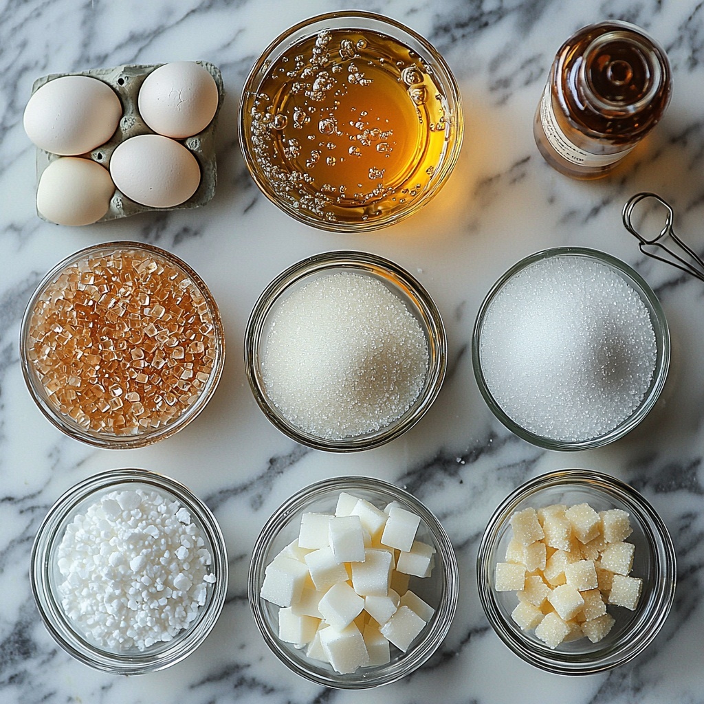 granulated sugar in a small glass bowl with sparkling white crystals, light golden corn syrup in a clear measuring cup showing its smooth, sticky texture, a small glass bowl of clear water, a tiny ceramic dish with fine white salt, two large fresh egg whites in a clear glass bowl with a slightly glossy and foamy surface, a small ramekin holding white cream of tartar powder, a small glass bottle of rich amber vanilla extract with a delicate label, all ingredients carefully spaced on a pristine white marble surface, soft natural light highlighting the varying textures from crystalline sugar to glossy syrup, subtle shadows adding depth, minimalist styling with a few delicate kitchen utensils like a whisk and a candy thermometer casually placed nearby, fresh and clean aesthetic, vibrant but neutral color palette emphasizing the purity and freshness of ingredients, overhead shot, top down view, flat lay photography, professional food styling --ar 1:1 --q 2 --s 750 --v 6.1