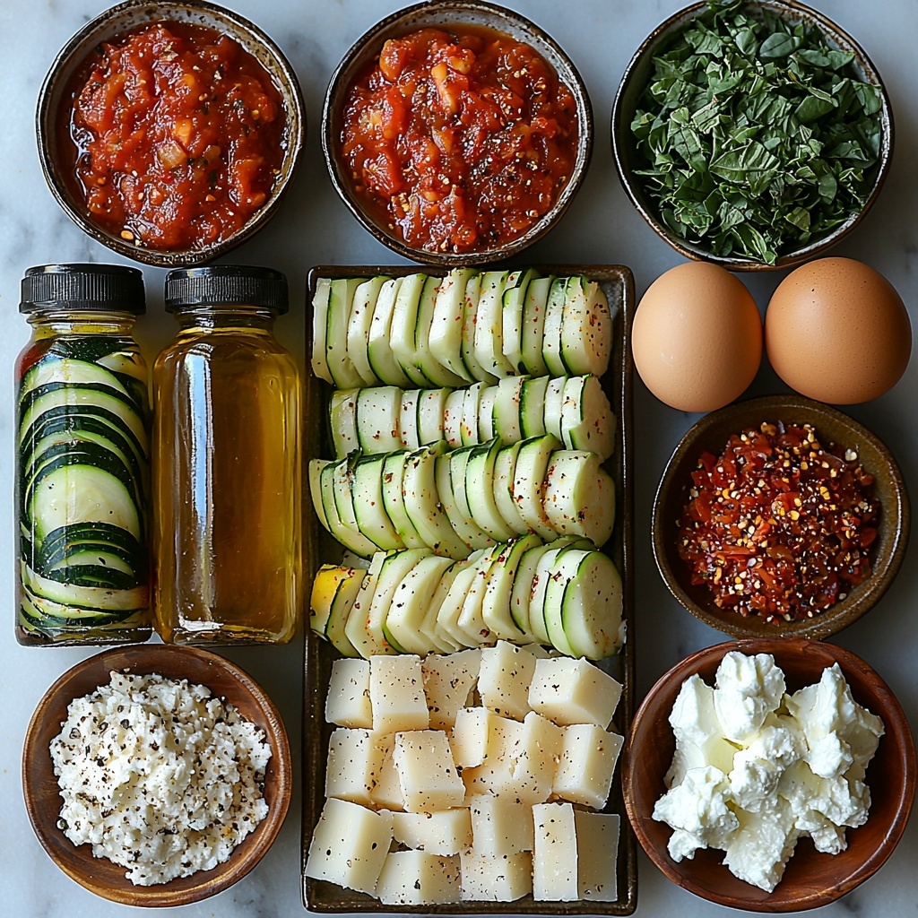 Flat lay of fresh cooking ingredients for a ground turkey and zucchini lasagna arranged neatly on a clean white marble surface: vibrant green zucchini slices cut into long 1/4-inch strips displayed in a fanned-out row, a small bottle or drizzle of golden olive oil, a stack of raw ground turkey with a subtle pinkish hue on a neutral ceramic plate, three peeled garlic cloves and a whole large onion with papery skin, diced bright green bell pepper pieces in a small white bowl, two rustic cans or jars showcasing red tomato sauce and crushed tomatoes with a rich, deep red color, a small dish with thick, glossy tomato paste, fresh green herbs including finely chopped basil, parsley, and dried oregano scattered artfully, small bowls containing cayenne pepper, red pepper flakes, salt, and black pepper — each spice vibrant and finely textured; creamy white part-skim ricotta in a textured ceramic bowl with a visible smooth surface, a single glossy egg white in a glass ramekin, finely grated parmesan showing delicate snow-like piles, and shredded mozzarella cheese in a wooden bowl highlighting its soft texture. Soft natural lighting highlights the natural colors and textures, minimal shadows, airy and fresh mood, clean and modern styling, all items spaced evenly with a balance of rustic and refined elements, subtle props like a wooden spoon and linen napkin placed casually to enhance the composition. Overhead shot, top down view, flat lay photography, professional food styling --ar 1:1 --q 2 --s 750 --v 6.1