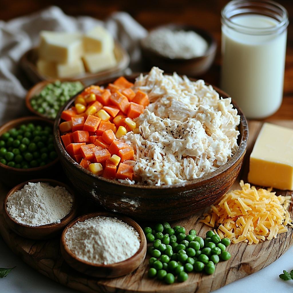 rotisserie shredded chicken in a rustic bowl, frozen mixed vegetables with bright green peas, orange carrots, yellow corn, and green beans scattered loosely, an opened can of cream of chicken soup showing creamy texture, a small bowl of smooth sour cream, a glass measuring cup of light golden chicken broth, small piles of garlic powder, onion powder, black pepper, and salt in delicate ceramic spoons, shredded sharp cheddar cheese in a neat mound with vibrant orange color, a heap of all-purpose flour with fine powdery texture on a wooden board, a small bowl of baking powder next to it, cubes of cold unsalted butter with visible coldness and clarity on parchment paper, a glass of fresh white milk, extra shredded cheddar cheese beside the flour, all ingredients carefully spaced on a clean white marble surface with soft natural light creating gentle shadows, subtle flour dusting on the board, warm and inviting color palette emphasizing freshness and homeliness, styled with minimal rustic props like a wooden spoon and linen napkin for texture contrast, overhead shot, top down view, flat lay photography, professional food styling --ar 1:1 --q 2 --s 750 --v 6.1
