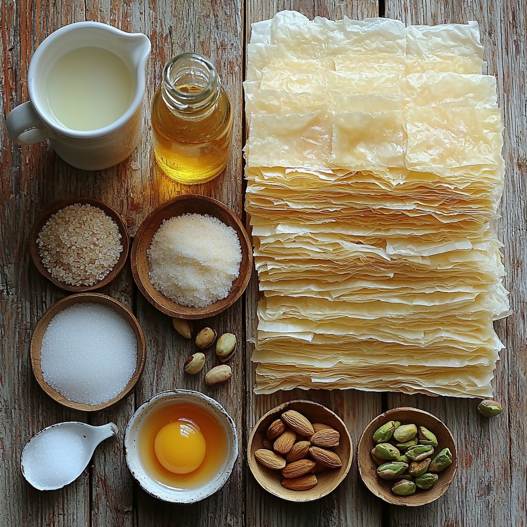 Phyllo dough sheets neatly stacked and slightly fanned out, golden melted butter in a small glass bowl with a delicate sheen, a small vintage dish of granulated sugar sparkling under soft light, a white ceramic jug filled with creamy whole milk, three vibrant golden egg yolks in a clear glass bowl, a white spoon resting on a pile of fine cornstarch powder, a small glass bottle of vanilla extract with a wooden cork, a small jar of rich amber honey glistening, a tiny bowl with fresh lemon juice showing bright yellow color, a shallow dish with a mix of chopped green pistachios and pale beige almonds contrasting in texture, a small pile of ground cinnamon in warm reddish-brown, a sprinkle of salt crystals adding a subtle sparkle, all ingredients carefully spaced and arranged on a clean, light wooden surface with natural soft daylight enhancing warm tones and subtle shadows, a touch of rustic linen fabric peeking from one corner to add texture and warmth, overhead shot, top down view, flat lay photography, professional food styling --ar 1:1 --q 2 --s 750 --v 6.1