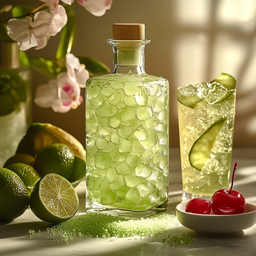 midori melon liqueur bottle with vibrant green liquid, white rum bottle with clear glass and label, lemon-lime soda can or bottle with bright yellow-green hues, fresh lime wedges and a small bowl of green sanding sugar sparkling with crystalline texture, a single glossy red maraschino cherry on a white ceramic dish, a rock glass filled halfway with clear ice cubes nearby, all ingredients neatly arranged on a clean white matte surface with soft natural light highlighting the varied textures and vivid colors, minimal shadows, slight reflections adding depth, styled with casual elegance, fresh and inviting atmosphere, overhead shot, top down view, flat lay photography, professional food styling --ar 1:1 --q 2 --s 750 --v 6.1