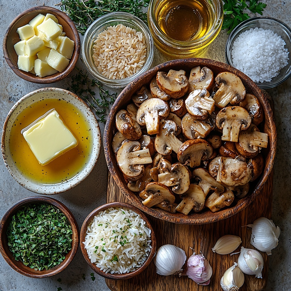 a clean, bright surface with main ingredients for mushroom rice neatly arranged: a small pat of golden butter on a white dish, a small glass bowl of rich, green extra virgin olive oil, a rustic wooden bowl overflowing with thinly sliced cremini mushrooms showcasing their earthy brown and beige tones, two peeled garlic cloves finely chopped displayed on a delicate ceramic plate, a halved shallot with pale purple layers and finely chopped shallot nearby, a small glass jar of fresh thyme leaves with tiny green sprigs, a tiny bowl containing mixed Italian seasoning with flecks of green, red, and brown herbs, a small mound of fine white salt and a pinch of coarse ground black pepper arranged in minimalist ceramic spoons, a scoop of uncooked long grain rice with translucent, polished grains spilling softly onto the surface, a clear measuring cup filled with golden vegetable stock reflecting light, and a small bright green pile of freshly chopped parsley on a rustic wooden board. The colors range from earthy browns and greens to soft whites and muted purples. Textures vary from smooth olive oil and shiny rice grains to the velvety mushrooms and delicate herb leaves. Everything is spaced evenly and artistically, creating an inviting and balanced composition, styled with soft natural light casting gentle shadows, shot with a shallow depth of field to keep focus sharp across details. overhead shot, top down view, flat lay photography, professional food styling --ar 1:1 --q 2 --s 750 --v 6.1