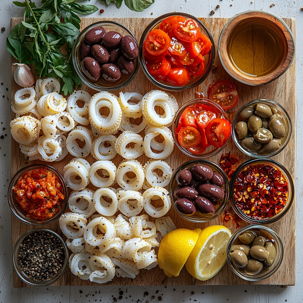 calamari rings and tentacles arranged neatly on a light wooden board, glistening with a slight sheen; small glass bowls containing bright red crushed tomatoes, glossy dark purple Kalamata olives halved to show texture, and small capers with a muted green tone; scattered sliced garlic cloves pale and translucent, alongside finely minced anchovy fillets with a shiny, metallic brown hue; a rustic wooden spoon holding red pepper flakes with a vibrant deep red color; sprigs of fresh chopped parsley or basil adding vivid green bursts around the composition; a small wedge of lemon with bright yellow rind and juicy interior placed nearby; a small ceramic dish of golden olive oil catching soft light; sprinkled coarse salt and cracked black peppercorns on the clean white surface for texture contrast; all elements thoughtfully spaced on a clean white backdrop with natural soft daylight enhancing colors and textures, slight shadows for depth, minimalistic and elegant food styling emphasizing freshness and Mediterranean character, overhead shot, top down view, flat lay photography, professional food styling --ar 1:1 --q 2 --s 750 --v 6.1