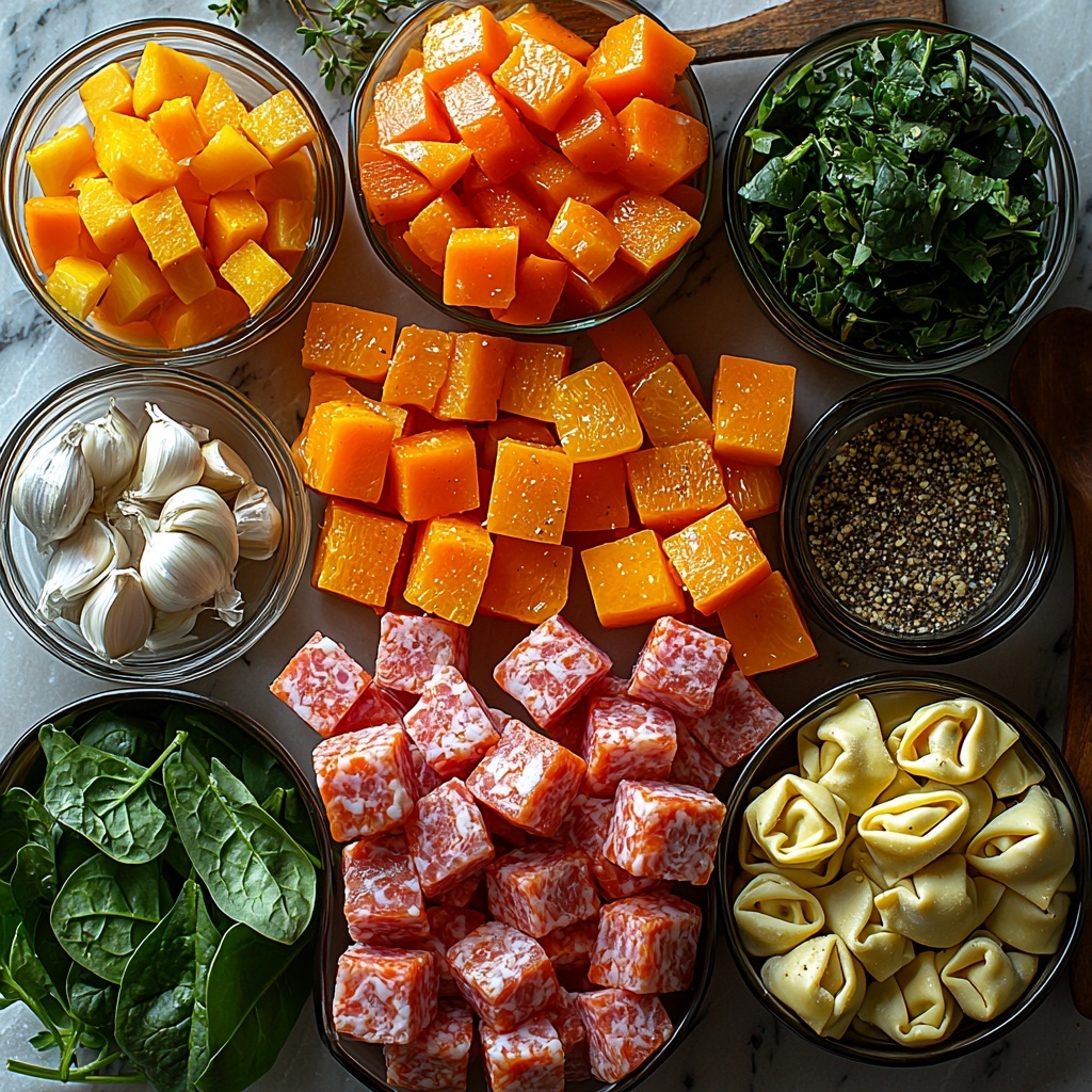 Italian sausage, raw and pink with marbled fat; peeled large carrots, bright orange and cut into chunks; fresh celery stalks, light green and sliced; diced white onion with translucent edges; minced garlic cloves, creamy white; cubed butternut squash, vibrant deep orange; opened can of diced tomatoes with bright red juicy chunks and liquid; clear golden chicken broth in a small glass bowl; fresh thyme and oregano sprigs, deep green and delicate; ground black pepper in a small dish; uncooked tortellini pasta, pale yellow with folded shapes; fresh spinach leaves, dark green and glossy. All ingredients artfully arranged on a clean white marble surface, separated in small bowls and loose piles to showcase texture and color contrast; natural light illuminating the glossy and matte surfaces, subtle shadows adding depth; rustic wooden spoon placed diagonally for balance; minimalistic and bright styling emphasizing freshness and variety. Overhead shot, top down view, flat lay photography, professional food styling --ar 1:1 --q 2 --s 750 --v 6.1