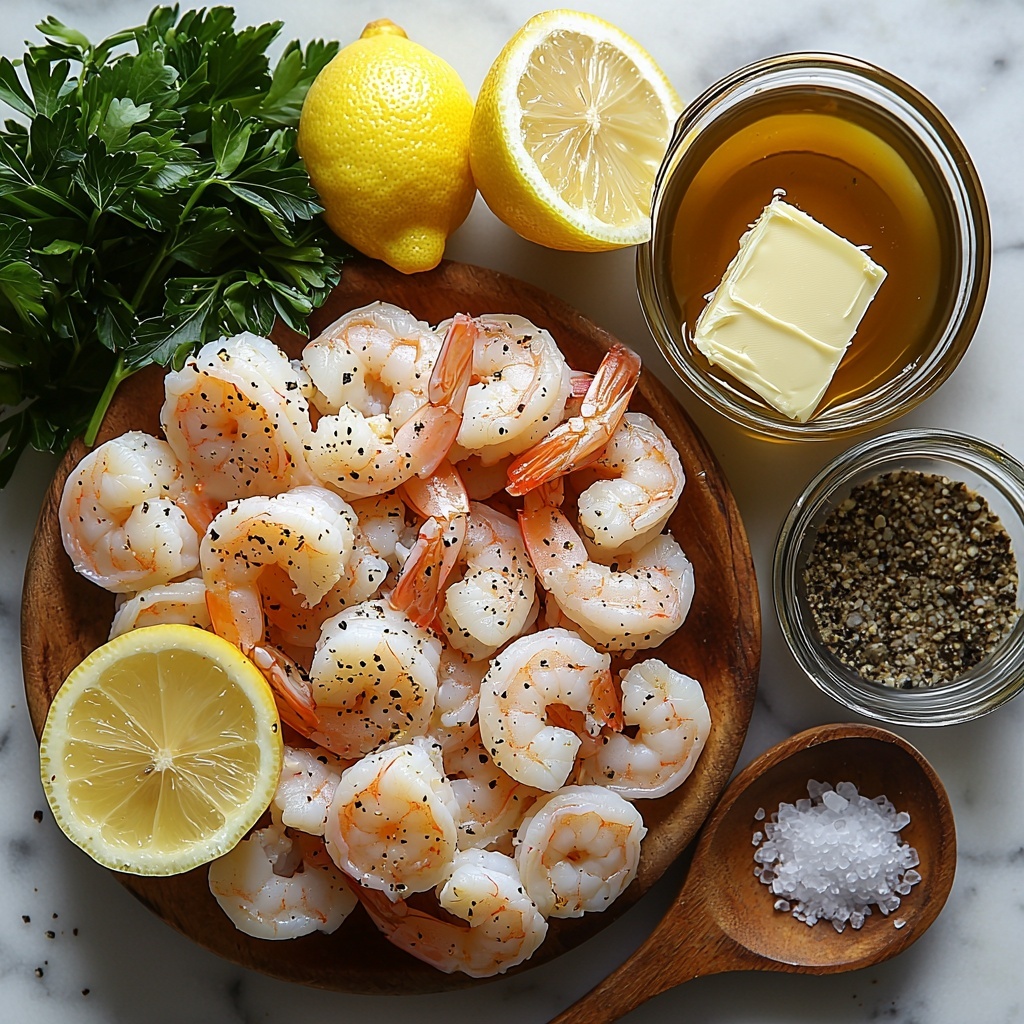Medium shrimp (peeled and deveined) arranged in a natural cluster showing their pink and translucent texture, small raw garlic cloves whole and minced garlic in a small white bowl, a rustic chunk of unsalted butter partially sliced, a vintage cut-glass bowl with pale yellow freshly squeezed lemon juice, a small glass container of light golden chicken stock, a sprinkling of coarse kosher salt and freshly ground black pepper on a wooden spoon, fresh vibrant green parsley leaves loosely scattered with some finely chopped parsley in a tiny ceramic dish. All ingredients carefully spaced on a clean, light marble surface enhancing the freshness and colors, soft natural light casting gentle shadows, minimal props to accentuate textures and colors, emphasizing the rich creaminess of butter and the brightness of lemon and parsley. overhead shot, top down view, flat lay photography, professional food styling --ar 1:1 --q 2 --s 750 --v 6.1