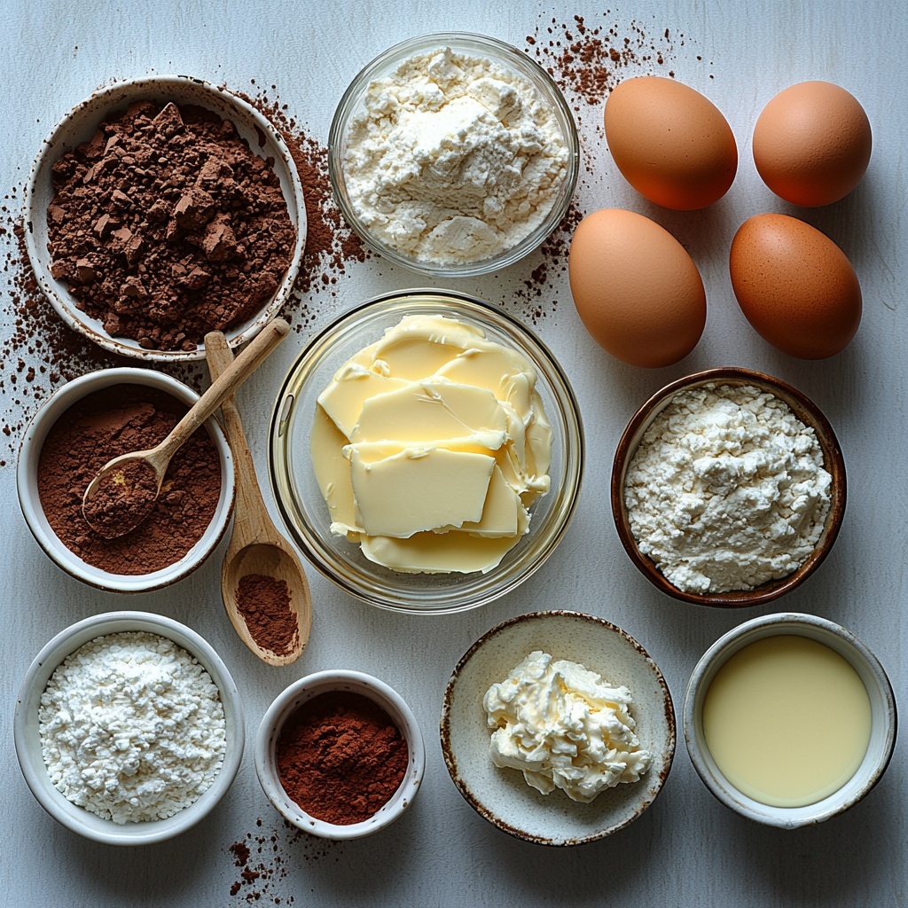 half cup melted unsalted butter in a small glass bowl, one cup granulated sugar in a clear measuring cup, two large fresh eggs cracked open with shells nearby, a teaspoon of vanilla extract in a tiny white ceramic dish, a tablespoon of vivid red food coloring in a small glass jar, three quarters cup all-purpose flour in a white ceramic bowl with soft powdery texture, two tablespoons dark unsweetened cocoa powder forming a small mound, quarter teaspoon fine salt scattered lightly on a white surface, four ounces softened cream cheese in a smooth glossy cream texture, quarter cup softened unsalted butter creamy and pale yellow on a small plate, one and a half cups powdered sugar in a bowl with a soft dusting around the edge, teaspoon of vanilla extract in a tiny porcelain cup; all ingredients meticulously arranged on a clean bright white matte surface with natural light casting soft shadows, minimalistic styling emphasizing color contrast of rich reds, creamy whites, and earthy browns, a gentle sprinkle of flour dust and a wooden spoon placed casually for texture, focus on fresh, raw ingredients with inviting textures and true-to-life colors, overhead shot, top down view, flat lay photography, professional food styling --ar 1:1 --q 2 --s 750 --v 6.1