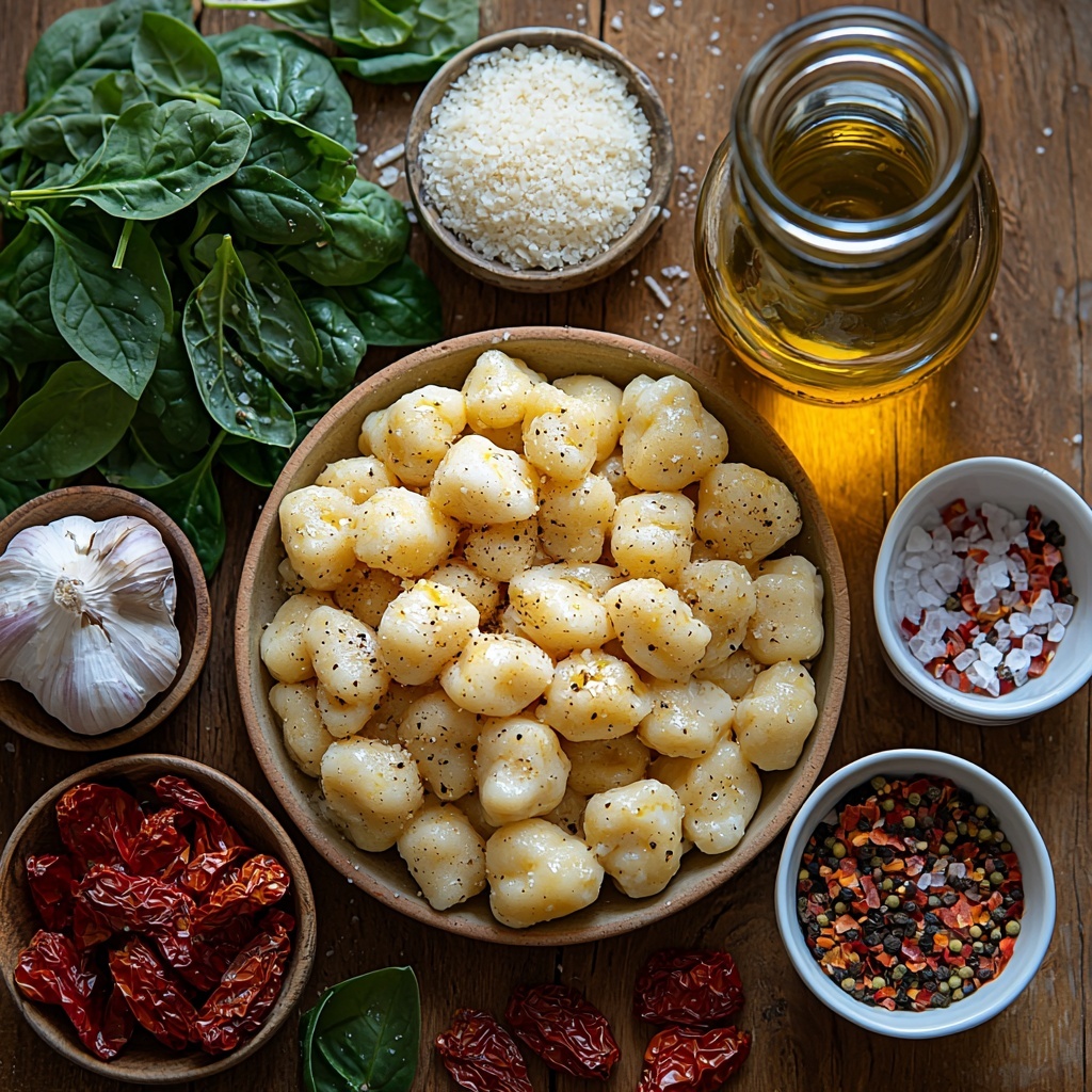 Gnocchi, heavy cream in a small glass jug, grated Parmesan cheese in a wooden bowl, diced raw chicken breast pieces on a rustic ceramic plate, fresh spinach leaves scattered artistically, vibrant sun-dried tomatoes in a small white dish, golden olive oil in a clear glass bottle, whole fresh garlic bulbs and peeled cloves arranged neatly, fresh basil sprigs with bright green leaves, fresh thyme sprigs, small bowl of red pepper flakes, coarse sea salt crystals and cracked black peppercorns in small white bowls; all ingredients laid out on a clean, light wooden surface enhancing natural colors and textures—soft natural daylight illuminating the scene, subtle shadows adding depth, minimal props, balanced composition with a harmonious mix of vibrant greens, creamy whites, deep reds, and warm earthy tones, focus on freshness and rustic elegance, overhead shot, top down view, flat lay photography, professional food styling --ar 1:1 --q 2 --s 750 --v 6.1