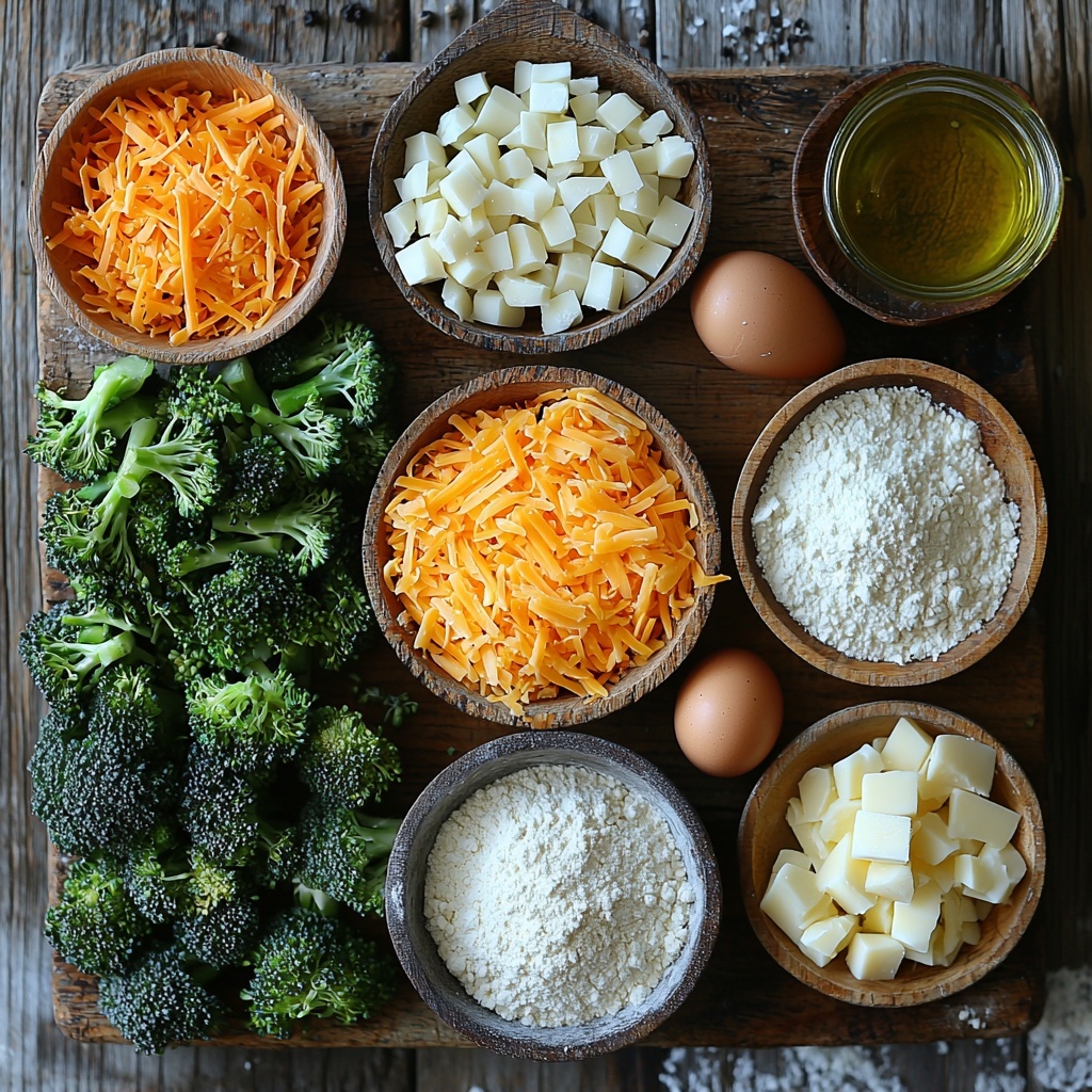 4 cups bright green chopped broccoli florets, 1 cup shredded vivid orange cheddar cheese in a small rustic bowl, 1/2 cup finely grated pale cream Parmesan cheese scattered lightly, 1/4 cup white all-purpose flour in a neat small pile, 2 large eggs cracked open with golden yolks visible in a clear glass bowl, 1/2 medium onion finely chopped into small white and purple pieces, 2 cloves garlic minced finely with natural white and off-white tones, small piles of coarse salt and freshly ground black pepper, a small drizzle of rich golden olive oil pooling gently on a white ceramic spoon, all ingredients thoughtfully arranged on a clean, light natural wood surface with soft natural daylight illuminating textures — vivid colors and contrasts emphasized, slight shadows adding depth and dimension, minimalistic and airy styling with subtle props such as a linen napkin corner and wooden kitchen utensil handles peeking in, overhead shot, top down view, flat lay photography, professional food styling --ar 1:1 --q 2 --s 750 --v 6.1