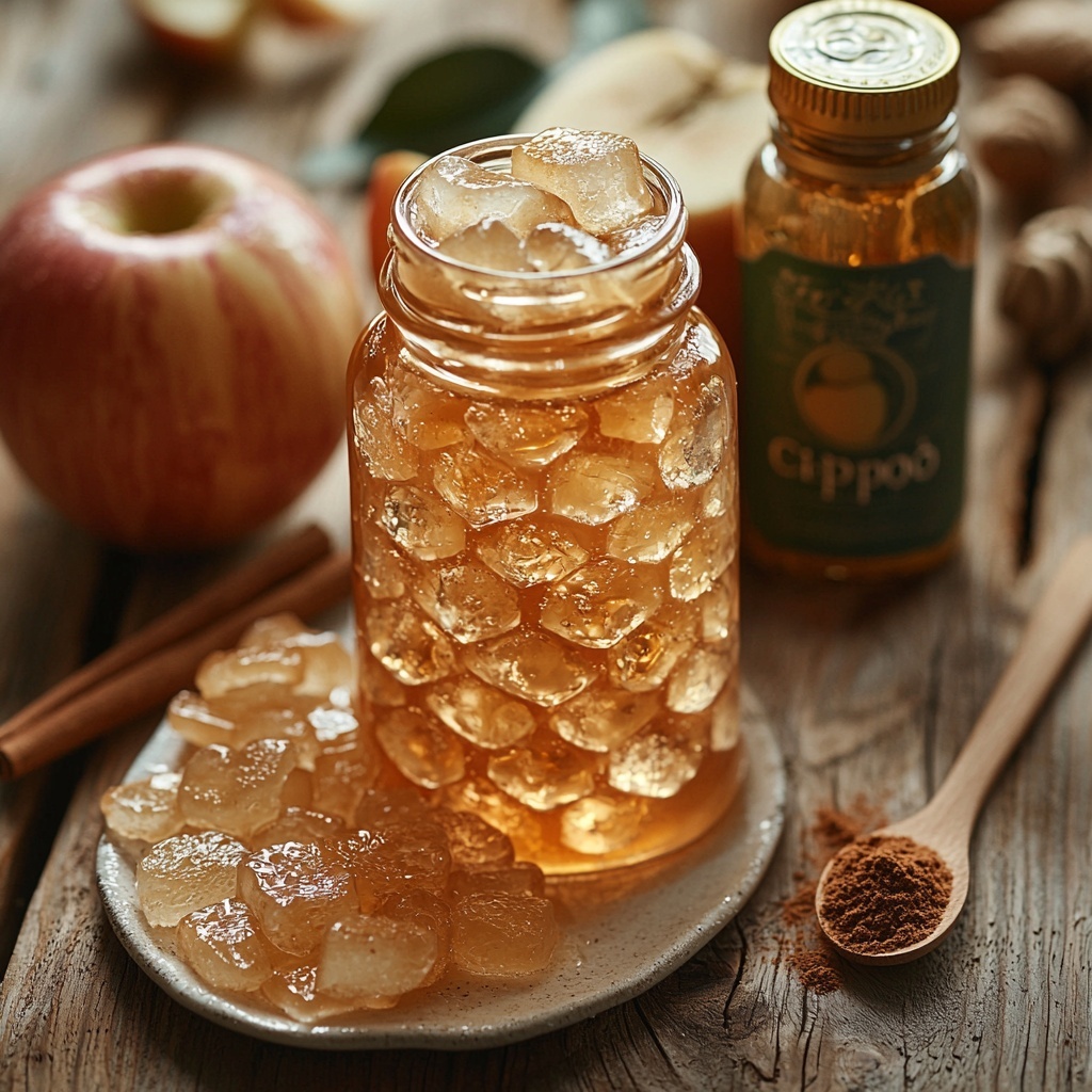 caramel sauce in a small glass jar with a rich golden-brown glossy texture, scattered drizzle of caramel on the surface; nugget ice cubes piled neatly in a small clear bowl, translucent and crystalline with sharp edges; a small wooden spoon holding a pinch of warm brown ground cinnamon powder, some cinnamon dust lightly sprinkled around; a clear glass bottle of apple cider with amber liquid inside, droplets of condensation on the bottle; a bottle of Crisp Apple Olipop with vibrant green and golden-yellow label visible, sitting upright; one freeze dried apple slice with a pale beige color and slightly wrinkled texture placed flat on a rustic white ceramic plate; a single cinnamon stick with deep reddish-brown bark and textured surface resting diagonally next to the apple slice; all items arranged evenly spaced on a clean light wood surface with natural warm tones, soft natural lighting emphasizing the glossy and powdery textures, subtle shadows creating depth, minimalistic and fresh styling with touches of autumn warmth, overhead shot, top down view, flat lay photography, professional food styling --ar 1:1 --q 2 --s 750 --v 6.1