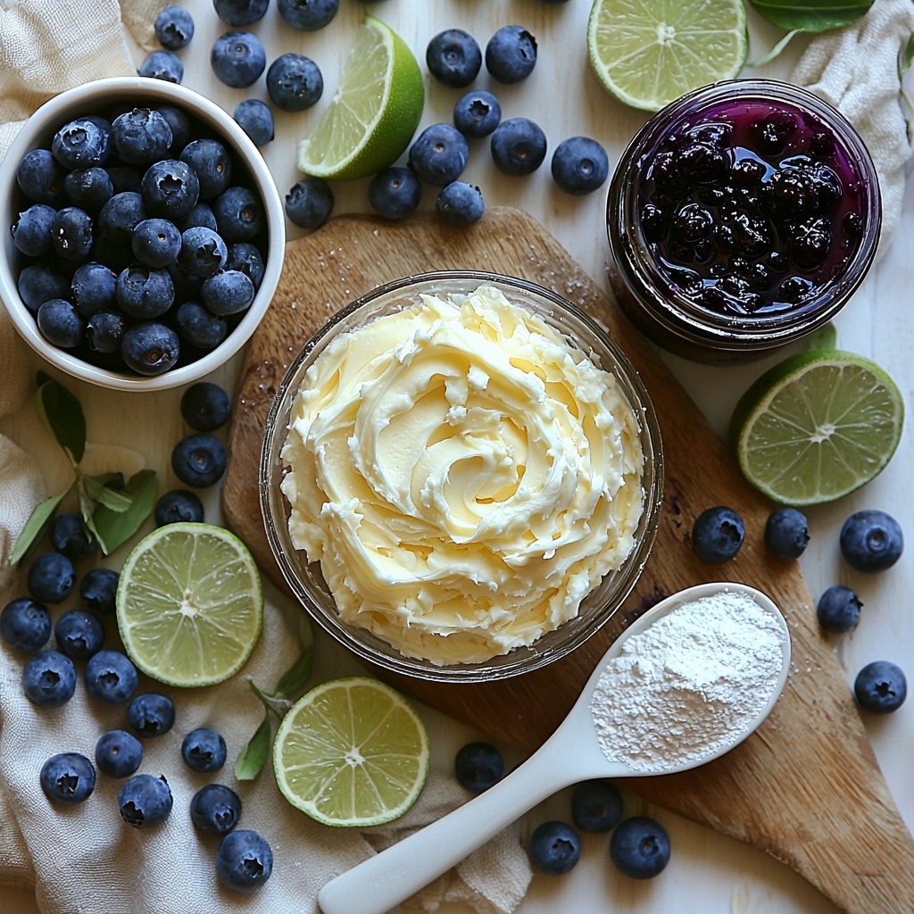 all-purpose flour in a small glass bowl, softened unsalted butter as a smooth golden pat on a white ceramic dish, granulated sugar in a clear ramekin with sparkling crystals, vanilla extract in a petite glass bottle with a cork top, softened cream cheese in a creamy white dollop on a rustic wooden board, powdered sugar lightly dusted nearby in a fine white mound, fresh lime slices arranged in a neat fan with bright green vibrant zest scattered around, fresh blueberries clustered with deep indigo hues and glossy skins, vibrant purple-tinted cream cheese frosting swirled elegantly on a white porcelain spoon, a jar of glossy blueberry preserves showing rich dark purple color with visible fruit texture, lime zest curls delicately placed for garnish, all ingredients spread evenly on a clean white surface with natural soft lighting highlighting textures and colors, minimal shadows, subtle linen napkin and a small wooden spoon as props, overhead shot, top down view, flat lay photography, professional food styling --ar 1:1 --q 2 --s 750 --v 6.1