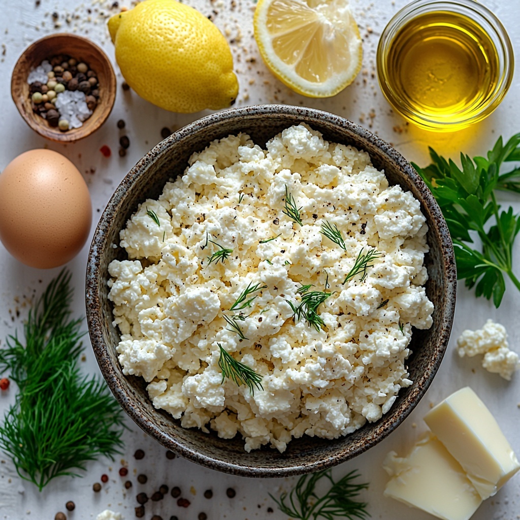 ground chicken mound next to a small bowl of crumbled white feta cheese, a small pile of golden breadcrumbs, finely grated pale yellow onion, two peeled garlic cloves and minced garlic, fresh bright green chopped parsley and dill herbs scattered artfully, a halved lemon showing vibrant yellow zest, a lightly beaten egg in a clear glass bowl with a soft yellow hue, rustic salt crystals and cracked black peppercorns in small dishes, a small glass container with rich golden olive oil, lemon wedges with bright yellow flesh and fresh green herb sprigs arranged neatly on a clean white surface, natural soft lighting enhancing the varied textures from creamy feta to crumbly breadcrumbs and fresh herbs, subtle shadows for depth, minimalistic and airy styling emphasizing Mediterranean freshness, overhead shot, top down view, flat lay photography, professional food styling --ar 1:1 --q 2 --s 750 --v 6.1