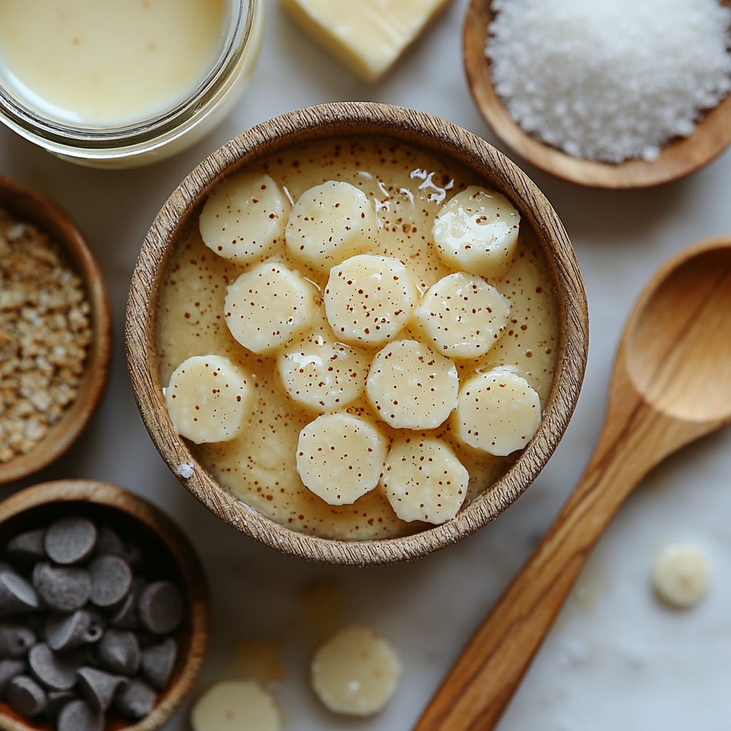 brown butter in a small light-colored saucepan showing rich golden brown flecks and foamy texture, 1 cup unsalted butter stick partially wrapped in paper, a rustic wooden spoon with melted butter drippings, a glass jar or bowl with creamy sweetened condensed milk, 3 generous piles of glossy white chocolate chips scattered neatly, a small white ceramic spoon with pale golden vanilla extract, a tiny heap of fine white salt crystals on a clean white surface, all ingredients carefully arranged with soft natural lighting casting gentle shadows, warm neutral tones with touches of creamy white and golden hues, minimalistic and clean backdrop enhancing textures and colors, slight reflections on shiny surfaces, subtle depth of field for an inviting and cozy feel, overhead shot, top down view, flat lay photography, professional food styling --ar 1:1 --q 2 --s 750 --v 6.1