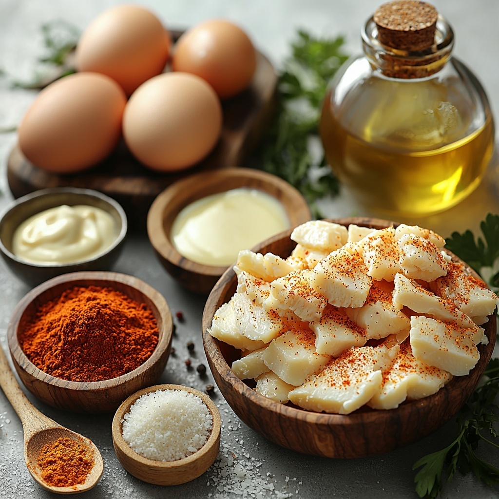 Chicken tenders or chicken breast strips raw and fresh, a small bowl of golden panko breadcrumbs, a ramekin with grated pale yellow Parmesan cheese, a small pile of bright orange shredded cheddar cheese, two lightly beaten eggs in a glass bowl, a small mound of white all-purpose flour, small wooden spoons with garlic powder and paprika (warm beige and deep red powders), tiny bowls of salt and black pepper, a spray bottle of cooking spray, a clear glass bowl with glossy amber honey, a bowl with smooth pale yellow Dijon mustard, and a small dish of creamy off-white mayonnaise; all ingredients carefully arranged on a clean, bright white surface with natural lighting creating soft shadows and highlighting the varied textures—crunchy breadcrumbs, powdery spices, smooth sauces, and fresh raw chicken; utensils like wooden spoons and small ceramic bowls add rustic charm; subtle green herb sprigs for a pop of color on the side; minimalistic styling emphasizing freshness and rustic simplicity. overhead shot, top down view, flat lay photography, professional food styling --ar 1:1 --q 2 --s 750 --v 6.1