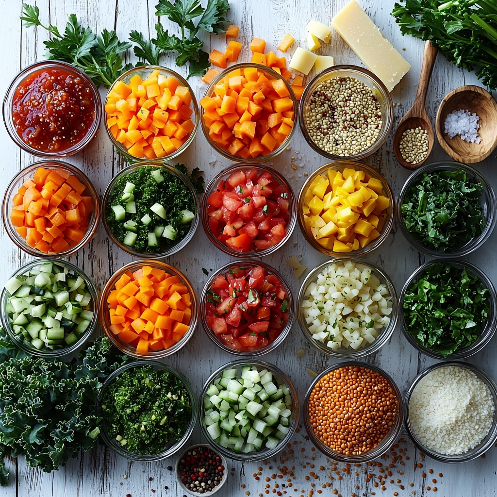 A flat lay arrangement of quinoa vegetable soup ingredients on a clean white wooden surface: small clear glass bowl of uncooked rinsed quinoa with its tiny, round pale grains spilling slightly; diced bright orange carrots, neatly piled; crisp green chopped kale leaves fanned out; diced vibrant red bell pepper cubes carefully grouped; translucent diced onions and minced garlic cloves side by side showing their delicate textures; three ribs of celery sliced into small uniform pieces revealing their pale green color; two opened cans with diced tomatoes showing rich red tomato chunks and juices, next to a small bowl of drained white cannellini beans with smooth, creamy texture; a small glass bowl of golden extra virgin olive oil glistening; a vintage wooden spoon holding Italian seasoning herbs with specks of dried green and brown; tiny piles of coarse salt and freshly cracked black peppercorns scattered artistically; wedge of fresh parmesan cheese with textured rind and a small grater nearby; all ingredients spaced evenly with natural soft daylight illuminating and casting gentle shadows emphasizing vibrant colors and fresh textures, minimalistic rustic styling with a hint of warmth, delicate sprigs of parsley casually placed as garnish, overhead shot, top down view, flat lay photography, professional food styling --ar 1:1 --q 2 --s 750 --v 6.1