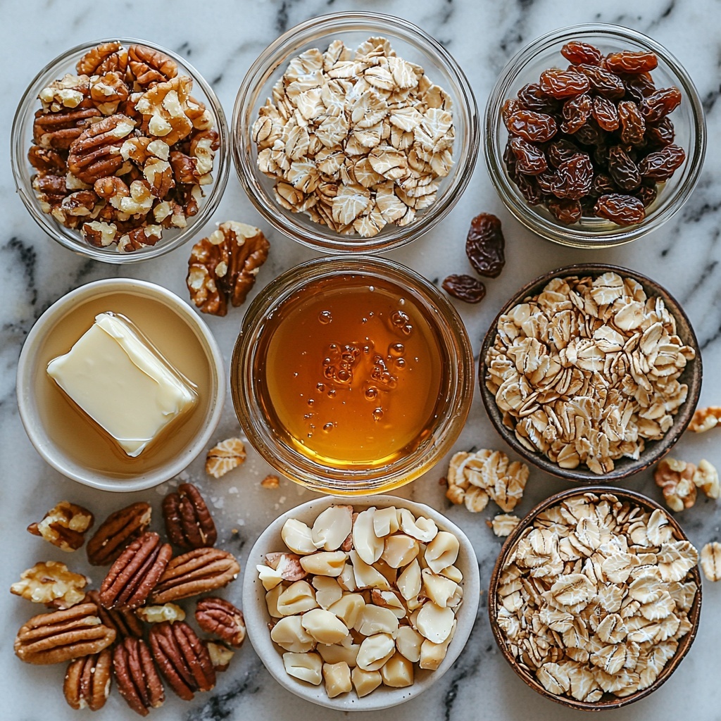 a clean white marble surface neatly arranged with the main ingredients for homemade granola: a small glass bowl of golden honey glistening under soft light, a melted pool of rich amber butter in a ramekin, piles of warm-toned spices including ground nutmeg, cinnamon, and ginger in tiny ceramic dishes, a small heap of coarse kosher salt crystals, a generous mound of old fashioned rolled oats showcasing their flaky texture, clusters of plump dark raisins, scattered chopped pecans with rough, rugged edges, delicate thinly sliced almonds pale beige in color, chopped walnuts with intricate natural shapes, and a small jar of amber maple syrup with light reflecting off its glossy surface; all ingredients spaced evenly with natural shadows to emphasize texture and earth-tone colors, styled for an inviting, rustic yet clean look; subtle linen napkin and wooden spoon subtly placed to add warmth and depth; overhead shot, top down view, flat lay photography, professional food styling --ar 1:1 --q 2 --s 750 --v 6.1