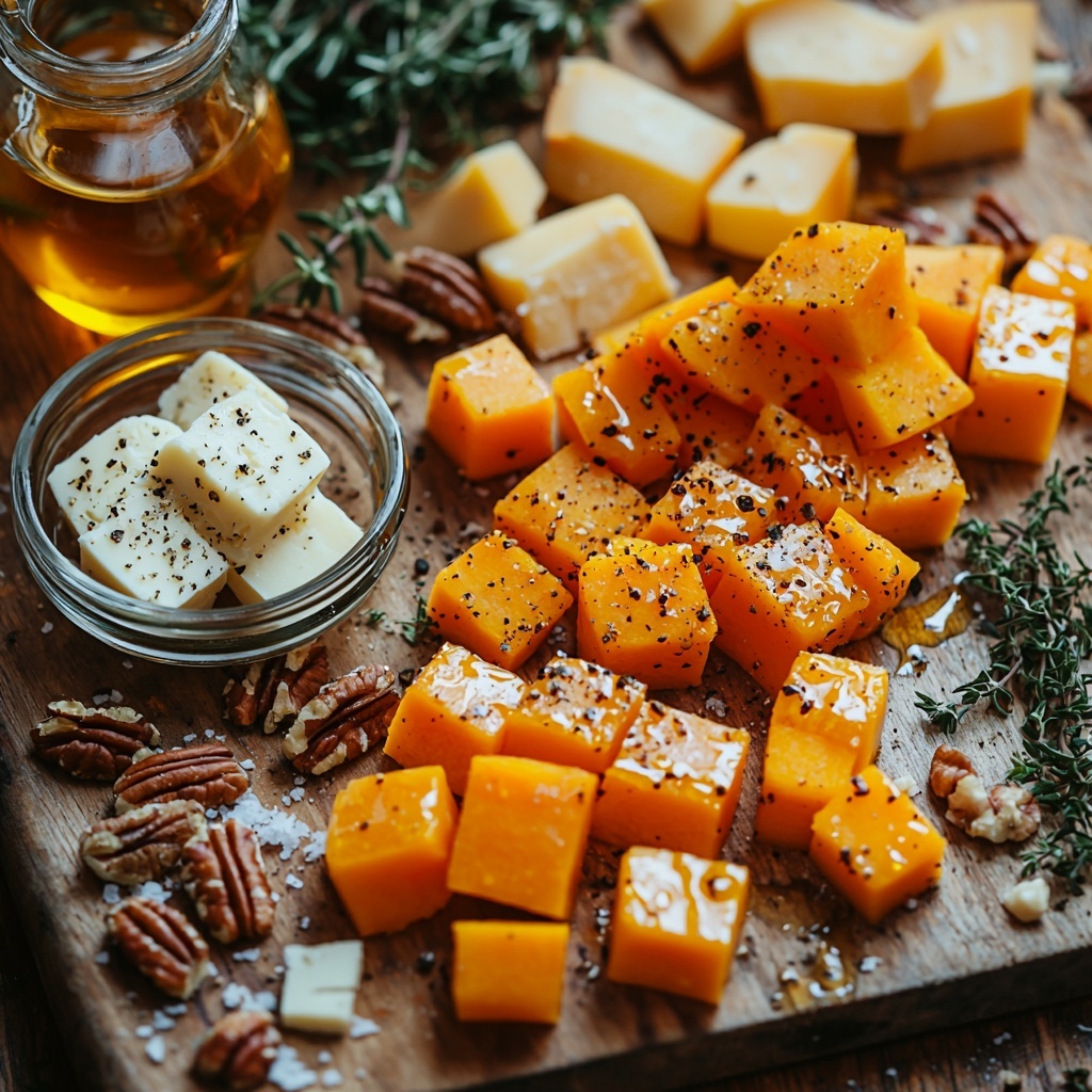 medium peeled and cubed butternut squash with vibrant orange tones, small glass bowl of golden olive oil, small white dish with coarse salt, black peppercorns scattered artistically, slices and torn pieces of creamy brie cheese with soft white rind, rustic toasted pecans with deep brown texture, small jar of amber hot honey with visible chili flakes, fresh green sprigs of thyme and rosemary casually placed, all ingredients arranged neatly on a clean light wooden surface with natural warm lighting, subtle shadows creating depth, balanced composition highlighting contrasting colors and textures, minimalistic and elegant styling, overhead shot, top down view, flat lay photography, professional food styling --ar 1:1 --q 2 --s 750 --v 6.1