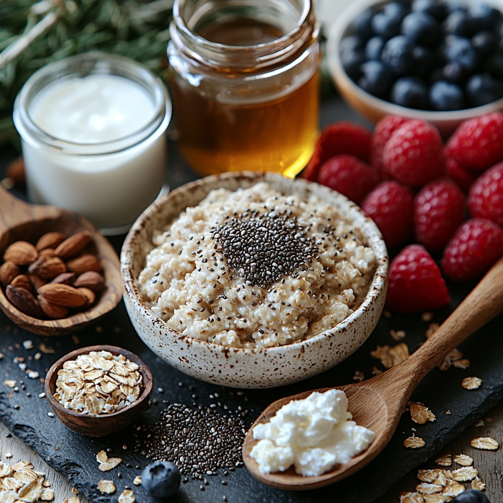Steel cut oats in a small rustic ceramic bowl, next to a wooden spoon filled with chia seeds, a small heap of ground cinnamon powder on a white ceramic plate, a pinch of coarse salt sprinkled delicately on the surface, a clear glass jug of almond milk with creamy white liquid inside, a small glass bottle with vanilla extract showing its amber color, a generous mound of vibrant frozen raspberries with frosty texture arranged neatly on a dark slate board, alongside optional toppings including a swirl of creamy nut butter on a wooden dish, a dollop of thick plain Greek yogurt in a small white bowl, a scattering of mixed seeds and nuts with varied shapes and earthy tones, fresh fruit fragments like sliced strawberries and blueberries adding pops of red and blue, and a small glass jar with golden maple syrup catching light. All ingredients are arranged spaced evenly on a clean, bright white surface with soft natural light highlighting the vivid colors and contrasting textures, styled with minimal rustic props for a cozy, inviting feel. Overhead shot, top down view, flat lay photography, professional food styling --ar 1:1 --q 2 --s 750 --v 6.1