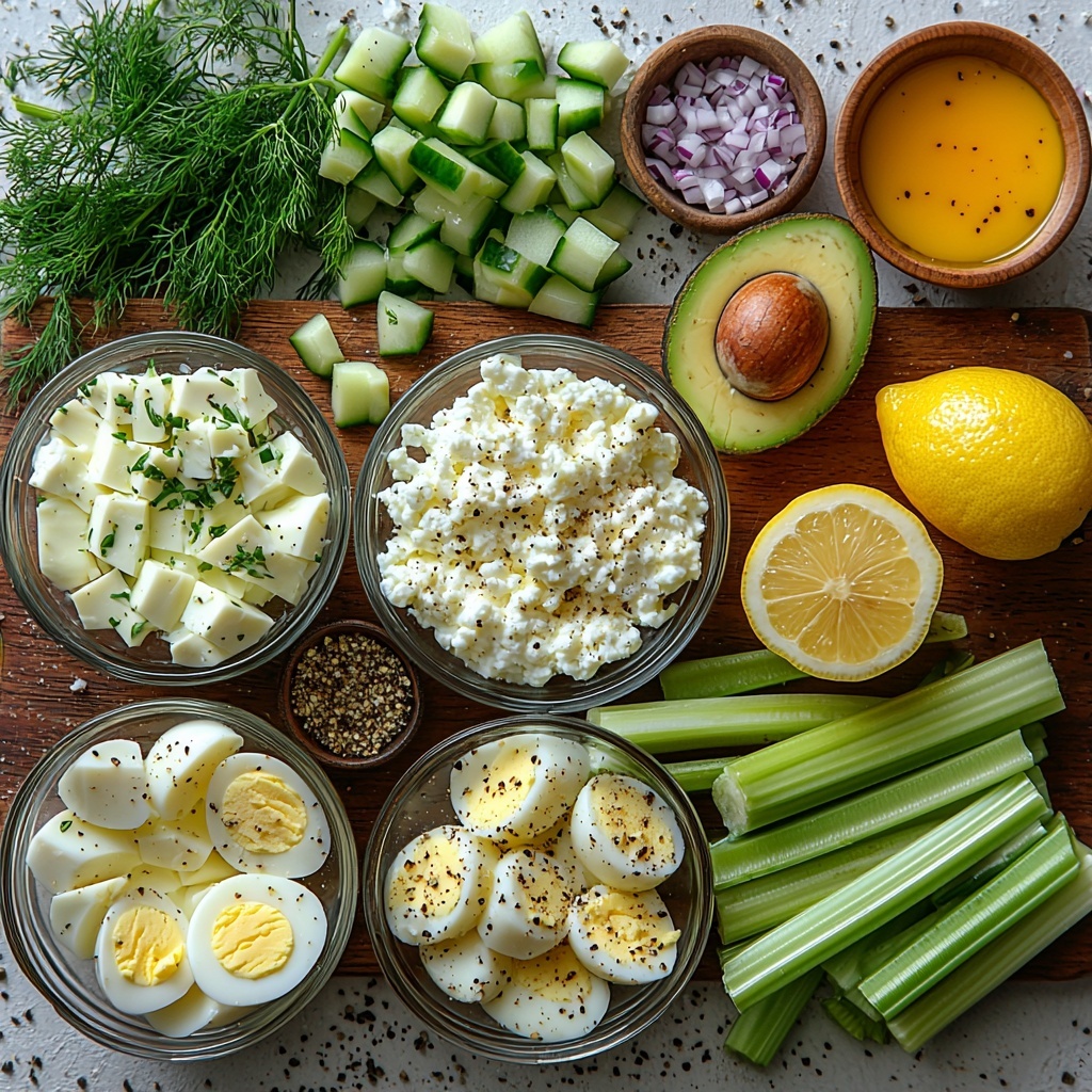 Hard-boiled eggs chopped into 1/2-inch pieces arranged in a small clear glass bowl, creamy white Good Culture cottage cheese in another bowl, crisp pale green celery sticks and roughly chopped celery pieces laid neatly, finely diced white and purple onions in a small dish, two ripe avocados halved showing bright green flesh and smooth texture, a small bowl of thick pale yellow Hellmann's mayo, a tiny bowl of vibrant yellow mustard, fresh lemon wedges and a small dish with freshly squeezed lemon juice, scattered coarse salt crystals and whole black peppercorns on the surface, a pinch of dried dill and celery seeds artfully sprinkled near their respective small bowls, all ingredients placed thoughtfully on a clean, matte white surface with soft natural light creating gentle shadows, emphasizing fresh textures and contrasting colors, minimalist styling with rustic wooden cutting board and a linen napkin partially in frame for warmth, overhead shot, top down view, flat lay photography, professional food styling --ar 1:1 --q 2 --s 750 --v 6.1