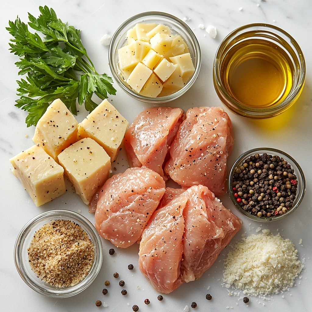 4 boneless, skinless chicken breasts raw, plump and pale pink, arranged neatly on a clean white marble surface; beside them, a clear glass bowl filled with creamy, light beige Caesar dressing speckled with black pepper; another bowl containing finely grated pale yellow Parmesan cheese; a third bowl with golden-brown, coarse breadcrumbs; a small glass container of rich, glossy golden olive oil; scattered coarse salt crystals and whole peppercorns subtly placed around for texture and interest; a few fresh green parsley sprigs as garnish to add vibrant color contrast; soft natural lighting highlighting the varied textures — smooth chicken skin, creamy dressing, crumbly breadcrumbs, and shiny olive oil — all arranged with intentional spacing and minimalistic elegance; overhead shot, top down view, flat lay photography, professional food styling --ar 1:1 --q 2 --s 750 --v 6.1