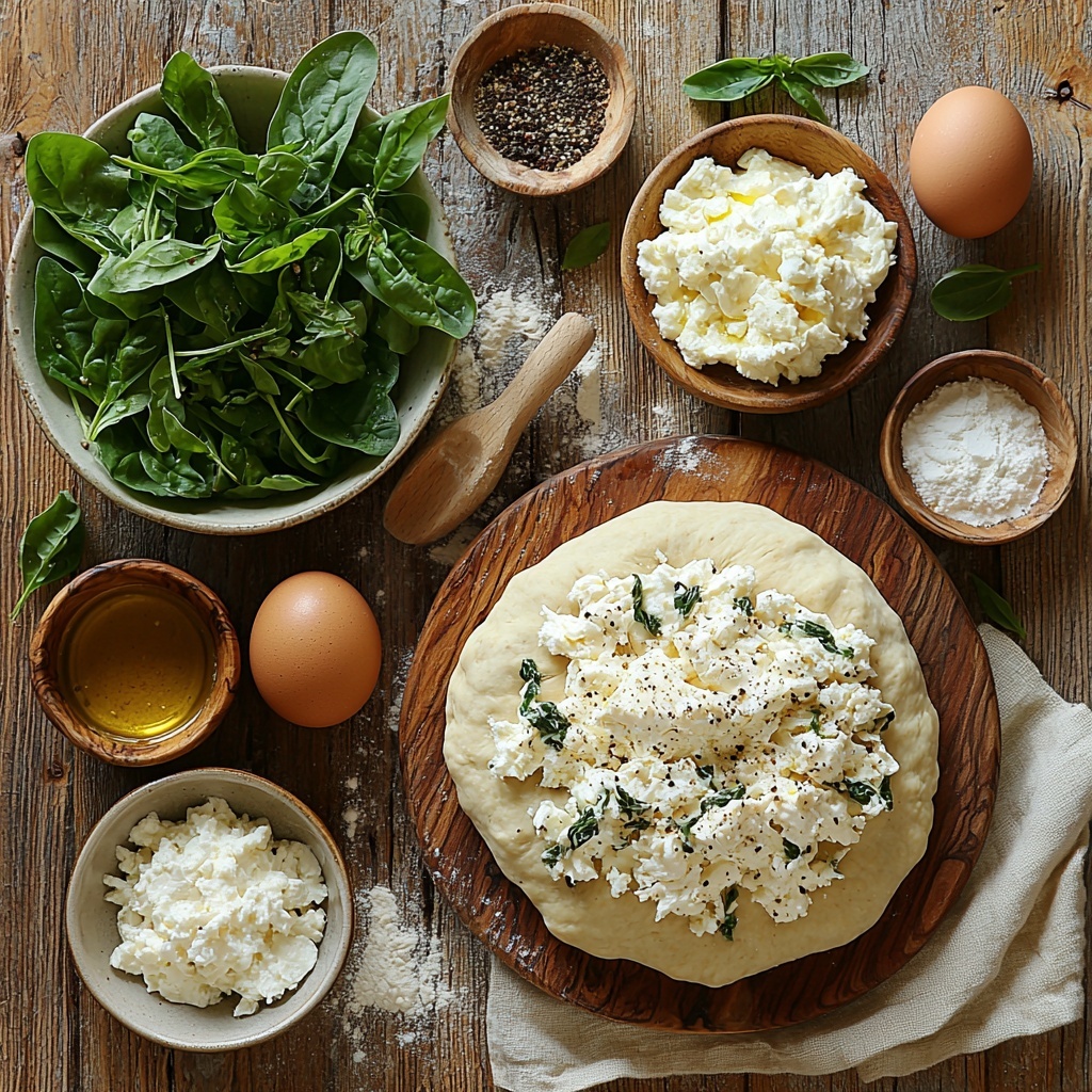 A clean, light wooden surface neatly arranged with the main ingredients for a high protein calzone: a ball of rustic whole wheat pizza dough dusted with flour, a small bowl of chopped cooked chicken thighs showing tender white and golden edges, a ramekin filled with creamy pale ricotta cheese, a small mound of shredded mozzarella with a soft, stringy texture, a heap of bright green fresh spinach leaves alongside a small bowl of sautéed chopped spinach glistening with olive oil, a small dish of golden olive oil, an egg cracked open with yolk visible in a clear bowl for egg wash, and small bowls containing fine garlic powder, coarse salt, and cracked black pepper. The ingredients are spaced evenly with natural light casting soft shadows, accentuating the varying textures and vibrant natural colors. Props include a wooden spoon, a rustic flour sack linen napkin, and a dusting of flour scattered subtly around to enhance the artisanal, homemade feel. Overhead shot, top down view, flat lay photography, professional food styling --ar 1:1 --q 2 --s 750 --v 6.1