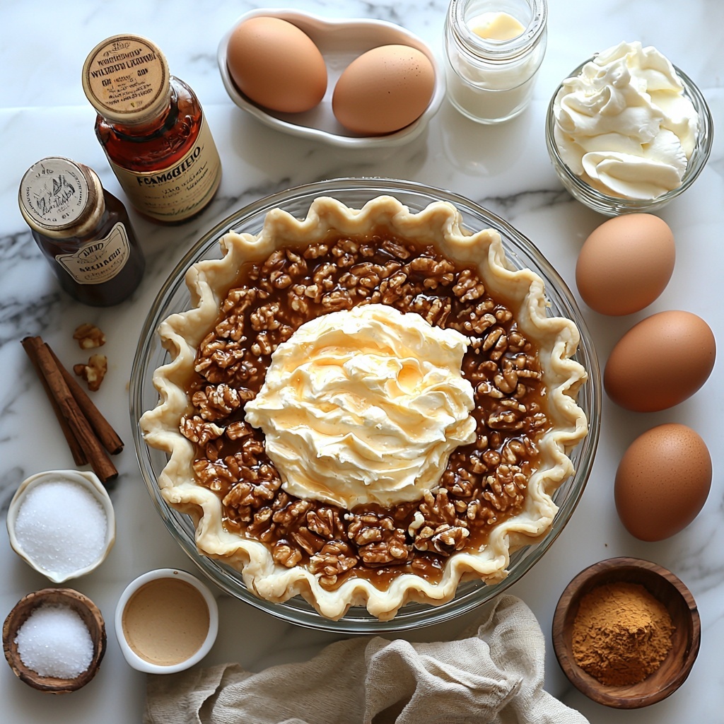 A clean white marble surface with a 9-inch unbaked pie crust in a round glass pie dish at the center, surrounded by ingredients arranged neatly around it: a small bowl of smooth, creamy mascarpone cheese, a small glass bowl of granulated sugar sparkling under the light, a brown bowl filled with packed light brown sugar with its rich, caramel color and slightly moist texture visible; whole raw eggs with smooth, glossy shells placed delicately; a small clear glass bottle of pure vanilla extract with amber liquid inside; an open can of bright orange pumpkin puree showing thick, velvety texture; a small glass measuring cup with creamy half and half; a tiny bowl containing warm brown ground cinnamon powder, another with fine ginger powder of pale beige color, a pinch of fine salt in a miniature white ceramic dish, and a light dusting heap of ground nutmeg with a slightly coarse texture. Nearby, a small glass bottle labeled Frangelico hazelnut liqueur with golden amber liquid inside. Freshly whipped cream in a white porcelain bowl topped with a sprinkle of cinnamon powder. The ingredients are spaced evenly with natural daylight casting soft shadows; subtle use of textured linen napkins in beige and rustic wooden spoons add warmth. Colors are warm and inviting, with a mix of creamy whites, rich browns, soft oranges, and golden hues highlighting the autumnal theme. All elements styled to emphasize textures and freshness, shot with overhead shot, top down view, flat lay photography, professional food styling --ar 1:1 --q 2 --s 750 --v 6.1