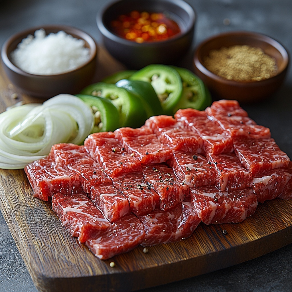 Beef top sirloin steak thinly sliced into 2-inch strips, raw with rich deep red marbled texture, sprinkled lightly with kosher salt and black pepper granules; thinly sliced green and red bell peppers showcasing vibrant green and bright red hues with crisp texture; thinly sliced white onion rings with translucent layers; two cloves of finely minced garlic scattered in a small pile with creamy off-white color; small bowls containing glossy soy sauce dark brown, pale amber water, golden brown packed brown sugar crystals, fine white cornstarch powder, and light golden vegetable oil; a small dish of light amber rice wine vinegar; ground black pepper and vibrant mustard-yellow ground ginger powders arranged in neat piles; all ingredients thoughtfully spaced and arranged on a clean, matte white surface with soft natural lighting casting gentle shadows to emphasize textures and freshness, styled with a minimalist Japanese aesthetic, overhead shot, top down view, flat lay photography, professional food styling --ar 1:1 --q 2 --s 750 --v 6.1