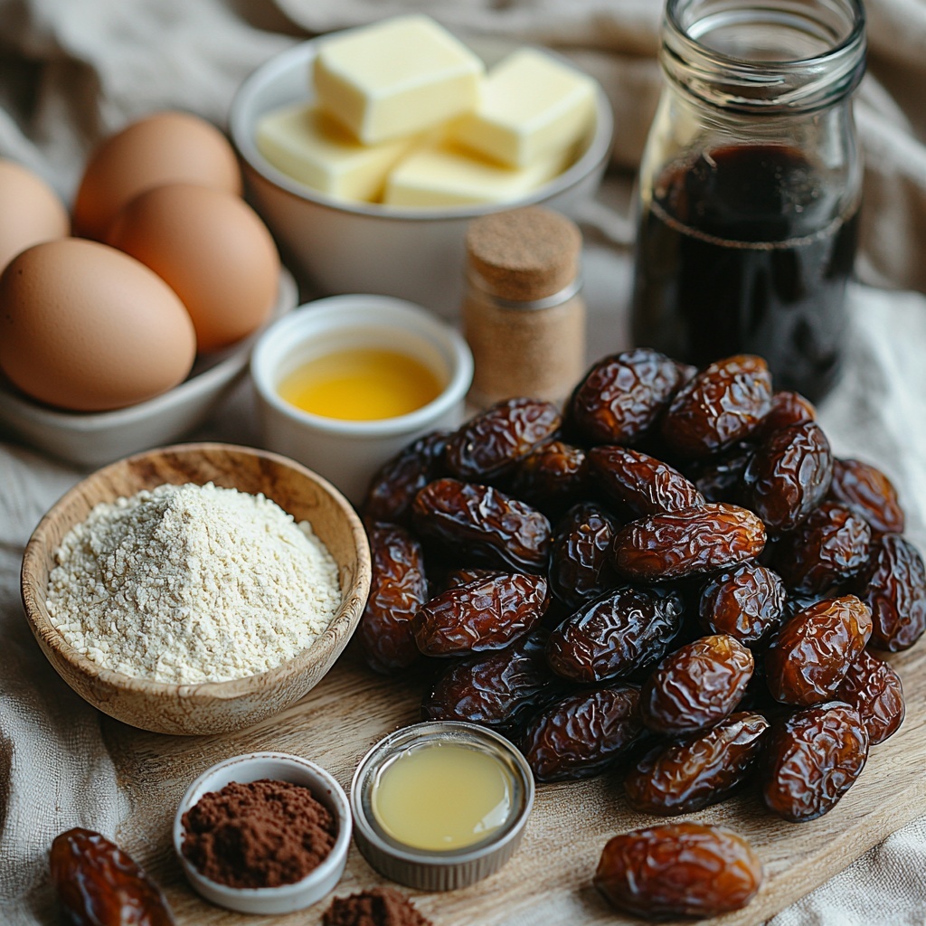 pitted dates in a small rustic bowl, next to a glass measuring cup filled with steaming boiling water, a small white dish holding a teaspoon of baking soda, softened unsalted butter on a light wooden butter board, a mound of rich brown sugar spilling slightly onto a cream linen cloth, two large fresh eggs resting in a delicate ceramic egg holder, a neat pile of all-purpose flour on parchment paper, a small bowl with baking powder, a glass vial of golden vanilla extract, ingredients for toffee sauce arranged nearby: a bowl of dark brown sugar, a chunk of unsalted butter on a butter knife, a clear glass jug filled with heavy cream — all laid out on a clean, bright white surface with soft natural daylight casting gentle shadows, textures highlighted by a subtle side light to emphasize the granulated sugar, creamy butter, and smooth liquids, minimal rustic props like a wooden spoon and linen napkin styled for warmth and homeliness, colors warm and inviting with deep browns, creamy whites, and soft neutrals, balanced spacing creating an airy yet cozy composition overhead shot, top down view, flat lay photography, professional food styling --ar 1:1 --q 2 --s 750 --v 6.1