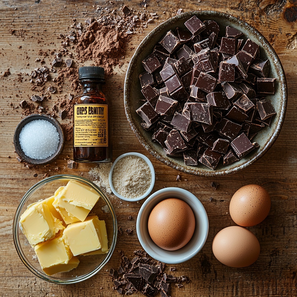brown butter in a small glass bowl showing amber color with browned bits, dark brown sugar heaped in a rustic ceramic bowl, golden brown sugar variation visible, white granulated sugar in a small white ramekin, two large brown eggs and one large egg yolk in a clear glass dish, a small bottle of vanilla extract with a wooden cork, flour loosely scattered with a measuring cup partially filled, baking soda and salt in small white porcelain spoons, a generous pile of dark chocolate chips mixed with chopped chocolate bars on crumpled parchment paper, all ingredients arranged neatly on a clean, light wooden surface with soft natural light highlighting warm golden and rich brown tones, subtle shadows adding depth, minimal props emphasizing textures and rustic warmth, overhead shot, top down view, flat lay photography, professional food styling --ar 1:1 --q 2 --s 750 --v 6.1