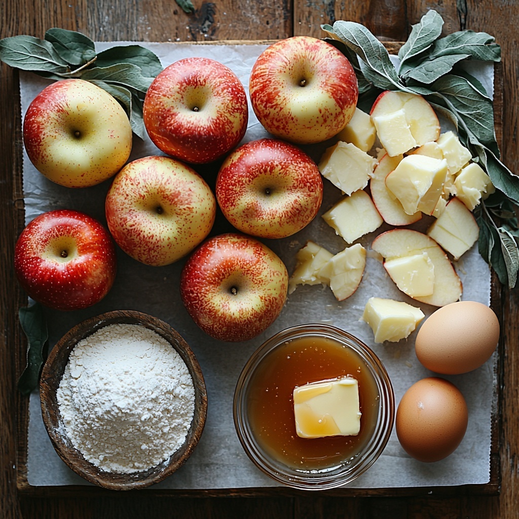 4-5 medium apples of mixed varieties showing red, green, and yellow hues with slight texture and natural imperfections, a small bowl of thick glossy salted caramel sauce with rich amber color, a pat of pale yellow butter on parchment paper with visible ridges from a knife, a small mound of fine white sugar crystals sparkling subtly, a glass bowl with light golden egg for wash, scattered grains of coarse sea salt, and a neat pile of soft, pale flour next to a rustic rolled out pastry dough circle with subtle folds and a dusting of flour on a clean, white marble surface. The ingredients are thoughtfully arranged with natural light casting soft shadows, styled with minimal kitchen linens and a wooden rolling pin just peeking in the frame, evoking a warm, inviting baking scene. overhead shot, top down view, flat lay photography, professional food styling --ar 1:1 --q 2 --s 750 --v 6.1