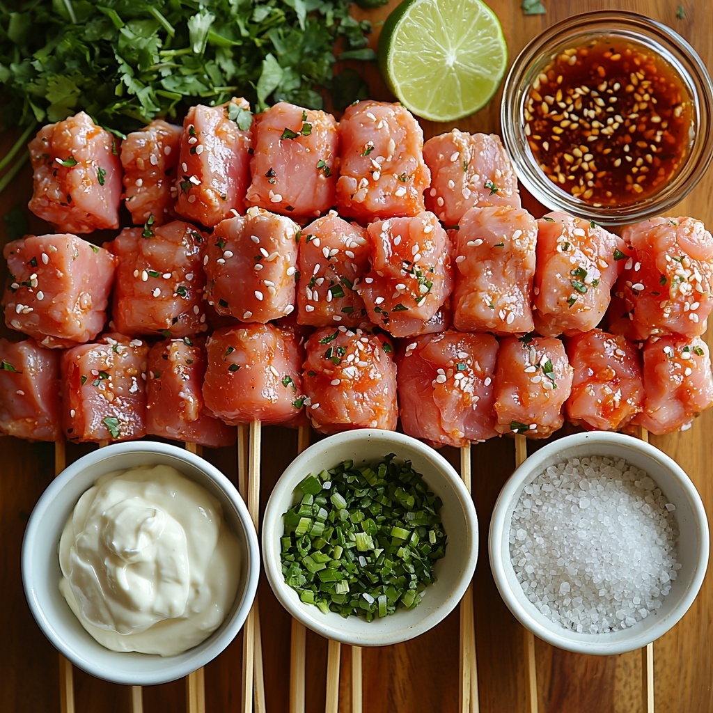 A clean, light wooden surface neatly arranged with fresh ingredients for Bang Bang Chicken Skewers: raw boneless, skinless chicken breast pieces in a small white bowl showing their tender pink texture; a small glass bowl of golden olive oil with a subtle shine; a sprinkling of coarse sea salt and cracked black pepper in tiny white ramekins; several soaked wooden skewers lined up parallel beside the chicken; a small, clear bowl of creamy pale mayonnaise next to a vibrant, glossy red sweet chili sauce in a petite dish; a smaller bowl with bright red sriracha sauce showing its smooth texture; a tiny glass container of pale, translucent rice vinegar; a heap of fine, off-white garlic powder on a rustic ceramic spoon; a fresh lime sliced in half revealing its juicy bright green interior; all elements spaced evenly with plenty of negative space around them; soft natural lighting highlighting textures and colors without harsh shadows; subtle accents of chopped green onions and white sesame seeds scattered delicately nearby for visual interest; clean, minimalistic styling emphasizing freshness and vibrant hues. Overhead shot, top down view, flat lay photography, professional food styling --ar 1:1 --q 2 --s 750 --v 6.1