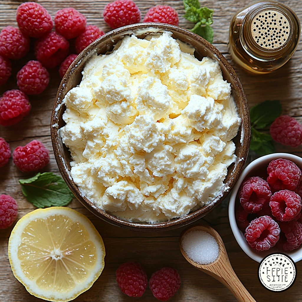 Cream heavy cream in a small glass bowl, thick and glossy white texture; smooth, creamy mascarpone cheese in a rustic ceramic dish, soft off-white color; fine, powdery white powdered sugar gently mounded in a small wooden scoop; small glass bottle with amber vanilla extract and a cork stopper; vibrant fresh raspberries scattered loosely in a small white porcelain bowl, deep red with natural matte texture; granulated sugar crystals in a tiny clear glass bowl, sparkling white grains catching light; fresh lemon wedges with bright yellow peel and juicy pulp placed nearby; all ingredients arranged neatly on a clean, light wood surface with soft natural lighting, subtle shadows enhancing textures, minimalistic styling with hints of fresh green mint leaves for contrast, slight rustic yet elegant feel, styled to emphasize freshness and creamy richness, overhead shot, top down view, flat lay photography, professional food styling --ar 1:1 --q 2 --s 750 --v 6.1