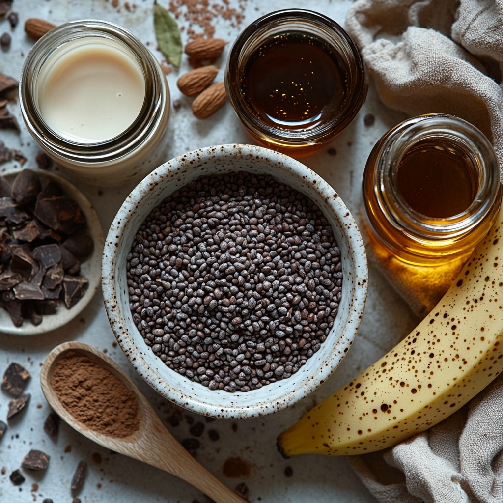 Chia seeds in a small white ceramic bowl with a slightly rough texture, raw cacao powder in a rustic wooden scoop showing deep dark brown color, ground cinnamon sprinkled lightly on a small white plate, a glass jar of unsweetened almond milk with creamy off-white liquid, a small amber glass bottle labeled vanilla extract, a small glass bowl with glossy golden maple syrup, two medium ripe bananas with bright yellow peel and brown speckles, one banana peeled halfway to reveal soft creamy interior, all ingredients neatly arranged on a clean matte white surface with natural soft daylight highlighting textures and subtle shadows for depth, minimalistic styling with a few green leaves for freshness and delicate linen napkin for warmth, overhead shot, top down view, flat lay photography, professional food styling --ar 1:1 --q 2 --s 750 --v 6.1