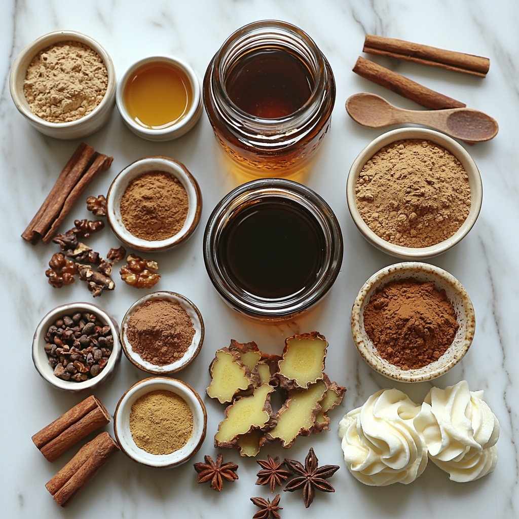 Gingerbread latte ingredients arranged on a clean white marble surface: small glass bowl of rich dark molasses with glossy texture, a wooden spoon resting beside it, a small jar of golden maple syrup with thick viscosity, tiny ceramic bowls containing warm brown ground cinnamon, golden yellow ground ginger, deep brown ground cloves, and a pinch of nutmeg, a small clear cup with steaming hot espresso shots showing dark, rich liquid and crema on top, a sleek white cup filled with creamy frothy milk, a dollop of smooth whipped cream in a small white ramekin, and a cinnamon stick and whole nutmeg placed artfully nearby. Natural soft light casting gentle shadows, subtle steam rising from the espresso cup, textures highlighted: glossy, powdery, frothy, and smooth. Arranged in a harmonious, balanced composition with slight overlaps and negative space for a cozy, inviting feel. Overhead shot, top down view, flat lay photography, professional food styling --ar 1:1 --q 2 --s 750 --v 6.1