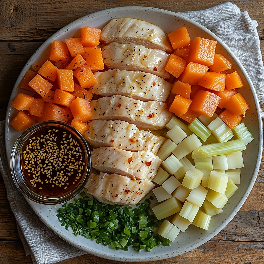 boneless, skinless chicken breasts, fresh peeled garlic cloves, minced garlic in a small white bowl, diced bright orange carrots, diced pale green celery, clear glass measuring cup filled with amber low-sodium soy sauce, large clear bowl of golden chicken broth, uncooked yellow egg noodles arranged loosely on a rustic white ceramic plate; all ingredients carefully spread out on a clean light wooden surface with natural diffused sunlight casting soft shadows, emphasizing the fresh textures and vibrant colors, a few sprigs of fresh herbs casually placed for subtle greenery, minimalistic and airy styling with neutral toned linen napkin folded neatly to the side, overhead shot, top down view, flat lay photography, professional food styling --ar 1:1 --q 2 --s 750 --v 6.1
