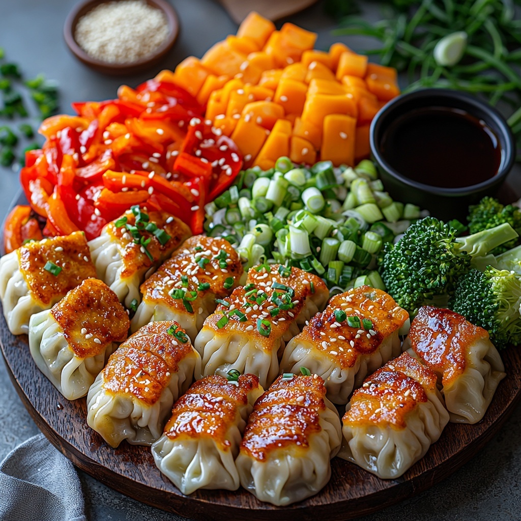 potstickers arranged in a neat, slightly overlapping row showcasing their golden-brown, crispy texture; a bowl of cooked noodles with a glossy sheen from soy sauce; colorful mixed vegetables including vibrant red bell peppers, bright orange carrots, and deep green broccoli florets spread artfully to show freshness and variety; small dish with dark soy sauce reflecting light; a small bottle or dropper of amber sesame oil with a subtle glossy texture; a mound of finely minced fresh ginger, pale yellow with slight fibrous details; sliced green onions fanned out to display their fresh white and green layers; a small wooden spoon or bowl with white sesame seeds scattered delicately nearby; all ingredients arranged on a clean, minimalistic matte white surface with natural soft daylight enhancing their vibrant colors and textures, subtle shadows adding depth, minimal props emphasizing the freshness and simplicity of the ingredients, overhead shot, top down view, flat lay photography, professional food styling --ar 1:1 --q 2 --s 750 --v 6.1