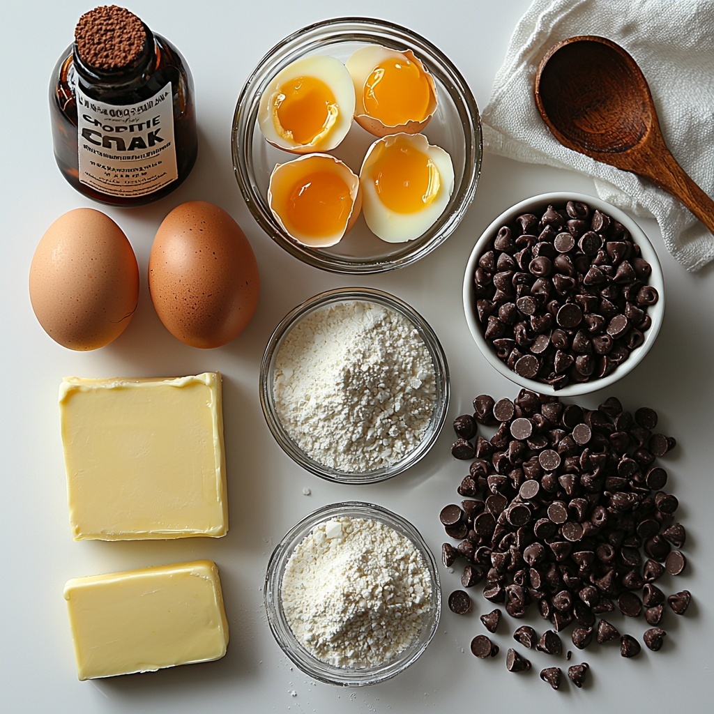 / Imagine a clean, bright white surface neatly arranged with the main ingredients for mini chocolate lava cakes: a small square slab of pale yellow unsalted butter; a glass bowl filled with dark, glossy semi-sweet chocolate chips; two smooth large brown eggs alongside two separated rich golden egg yolks in a small white ceramic dish; a small clear glass bowl with fine white granulated sugar; a tiny glass bottle with amber-colored vanilla extract and a white label; a neat pile of off-white all-purpose flour with a soft powdery texture; and a pinch of fine salt next to it. Optionally, a delicate dusting of powdered sugar scattered lightly around the edges adds a soft, snowy effect. The ingredients are symmetrically spaced for balance, with clean lines and natural soft daylight creating gentle shadows, highlighting textures and rich colors. The composition is styled minimalistically with a rustic wooden spoon and a crisp linen napkin partially visible at the frame edges to enhance a warm, inviting atmosphere. Overhead shot, top down view, flat lay photography, professional food styling --ar 1:1 --q 2 --s 750 --v 6.1