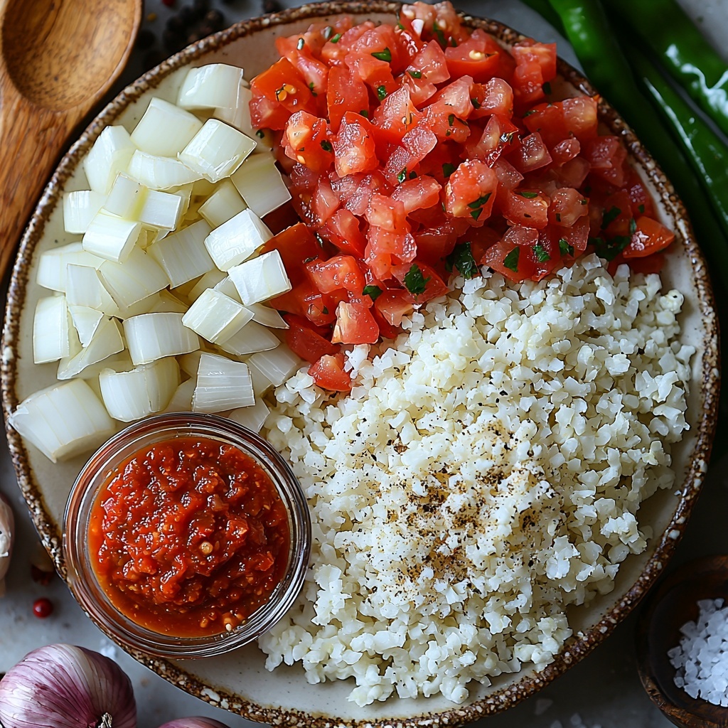 olive oil in a small glass bowl with golden sheen, diced white onion piled neatly next to it, a single clove of finely minced garlic displayed on a small white ceramic spoon, a vibrant red and green can of Rotel with diced tomatoes and green chilies visible, a small dollop of rich red tomato paste on a white plate, scattered warm-toned chili powder and cumin powders alongside a small heap of coarse salt crystals, a mound of fluffy, pale off-white cauliflower rice with delicate texture, all ingredients carefully arranged on a clean, matte white surface with soft natural lighting creating gentle shadows and highlights, subtle rustic kitchen props like a wooden spoon and linen napkin softly blurred in background, vibrant colors and varied textures emphasized for contrast and appeal, overhead shot, top down view, flat lay photography, professional food styling --ar 1:1 --q 2 --s 750 --v 6.1