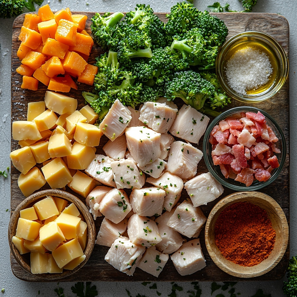 Keto Chicken Bacon Ranch Casserole ingredients neatly arranged on a clean white surface for flat lay photography: cubed raw chicken breast in a small rustic bowl showing pink and white textures; fresh bright green broccoli florets cut into bite-sized pieces scattered loosely; crispy cooked and chopped bacon pieces with deep reddish-brown hues in a small wooden bowl; shredded sharp cheddar cheese in a small glass bowl, vibrant orange with texture detail; shredded mozzarella cheese also in a clear bowl, soft white strands slightly piled; softened cream cheese in a white ceramic bowl, smooth and creamy with a slight gloss; small wooden spoon with ranch seasoning powder, light beige with fine texture; a small drizzle of golden olive oil in a tiny white dish; teaspoon of coarse salt crystals scattered delicately nearby. The ingredients are spaced evenly with natural lighting highlighting colors and textures, styled simply with minimal props focusing on the freshness and variety. Overhead shot, top down view, flat lay photography, professional food styling --ar 1:1 --q 2 --s 750 --v 6.1