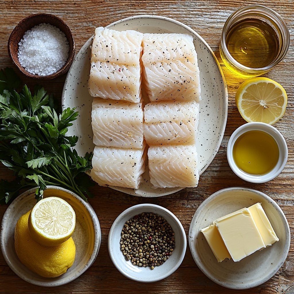 4 raw cod fillets with a light dusting of all-purpose flour arranged neatly on a crisp white ceramic plate, scattered grains of flour on a clean light wood surface; small bowls holding coarse salt and freshly ground black pepper nearby; two cloves of peeled garlic, minced, displayed in a small white dish; a bright yellow lemon cut in half and thin lemon slices fanned out artistically; a small clear bowl of olive oil with golden hues catching the light; a square slab of unsalted butter with a smooth, creamy texture on a minimalist butter dish; a small bowl filled with vibrant green capers glistening from rinsing; a shallow dish containing fresh, finely chopped bright green parsley; a glass measuring cup partially filled with pale yellow fresh lemon juice; and a small clear bowl of low-sodium chicken broth with a warm amber tone; all elements arranged deliberately with soft natural daylight creating gentle shadows and highlights, textures ranging from flaky fish flesh and powdery flour to glossy oil and juicy lemons, colors mostly natural and fresh with greens, yellows, and off-white neutrals harmonizing on a clean background; minimal props, emphasizing simplicity and freshness, styled with subtle rustic elegance overhead shot, top down view, flat lay photography, professional food styling --ar 1:1 --q 2 --s 750 --v 6.1