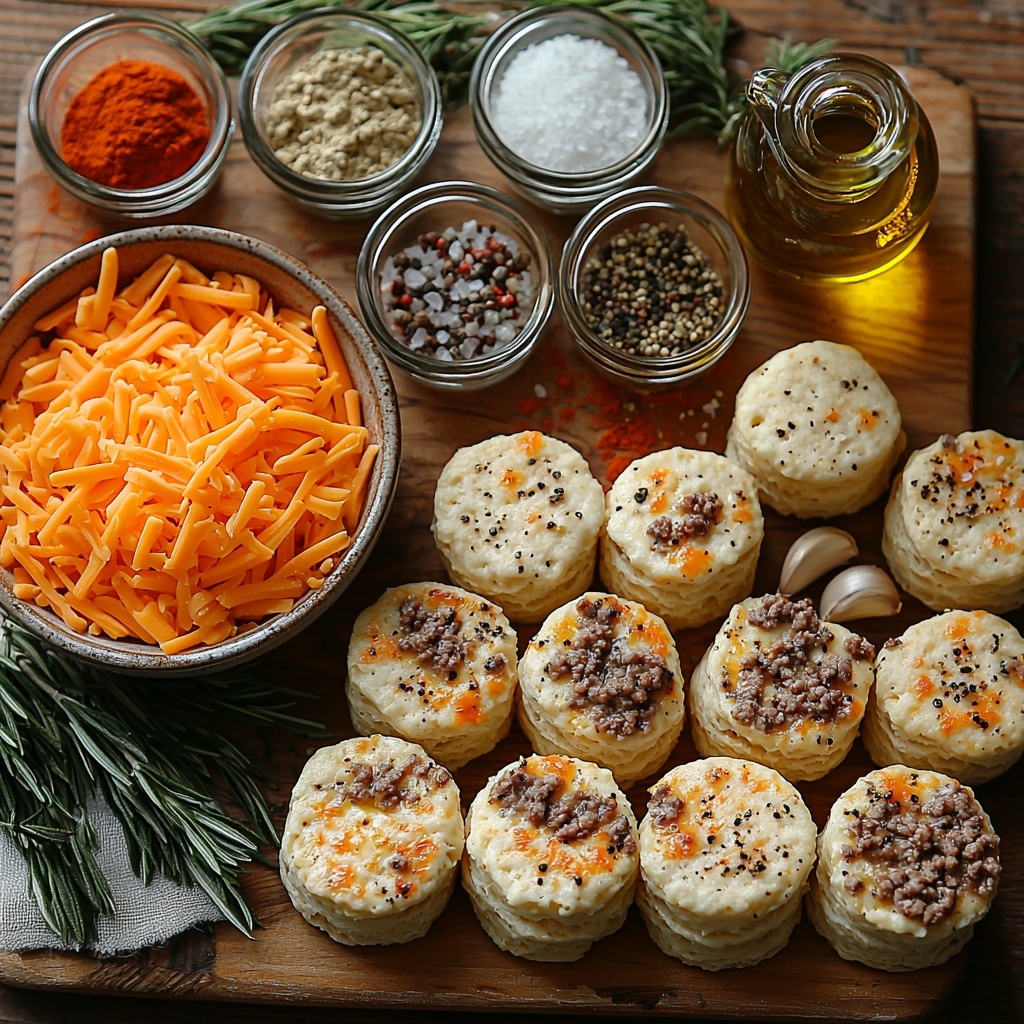 A clean, light-colored wooden surface arranged with the main ingredients for Cheesy Beef Biscuit Bombs: a small bowl of rich, browned ground beef speckled with seasoning, a mound of vibrant orange shredded cheddar cheese with slightly textured shreds, a neat row of unopened flaky biscuit dough rounds in pale golden beige, small glass dishes containing warm-toned garlic powder, onion powder, and paprika in fine powders, coarse salt and freshly cracked black pepper scattered delicately nearby, and a small, glossy bottle of deep green olive oil with a slight sheen. The ingredients are spaced evenly to balance color and texture, with soft natural lighting enhancing the warm colors and subtle shadows for depth. Minimal props, clean edges, and slight rustic charm with a hint of kitchen linen folded softly to one side, emphasizing freshness and homemade appeal. Overhead shot, top down view, flat lay photography, professional food styling --ar 1:1 --q 2 --s 750 --v 6.1