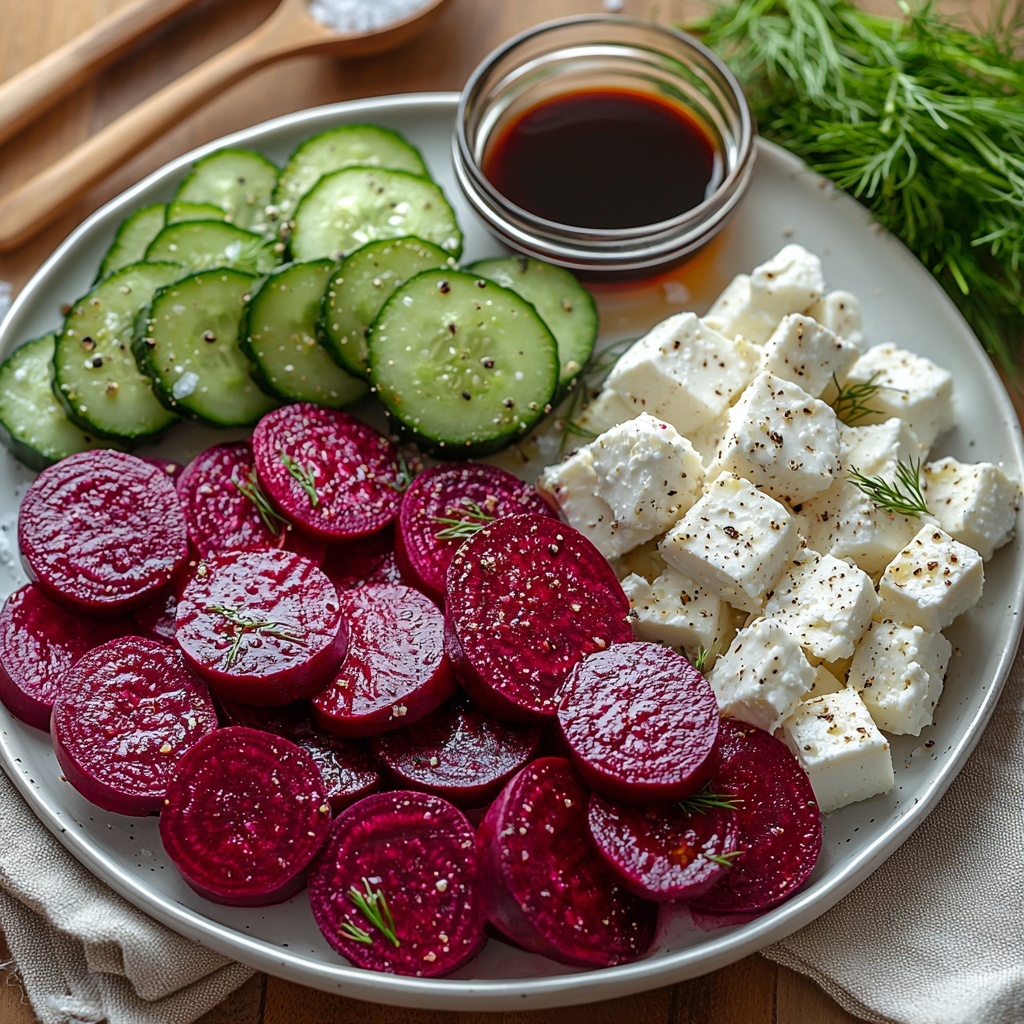 fresh roasted beets with deep red-purple skin and vibrant red flesh, peeled and whole, next to thin, round slices of crisp, pale green English cucumber arranged in a neat fan; crumbled white feta cheese scattered in a small bowl, alongside a small bunch of bright green chopped fresh dill on a clean white ceramic plate; a small glass bowl with golden extra virgin olive oil and another with dark, glossy aged balsamic vinegar, salt and black peppercorns in tiny rustic bowls; all ingredients thoughtfully spaced on a smooth light wooden surface with soft natural lighting highlighting contrasting textures and vibrant colors, minimal shadows, styled with a linen napkin and wooden serving spoons nearby; overhead shot, top down view, flat lay photography, professional food styling --ar 1:1 --q 2 --s 750 --v 6.1