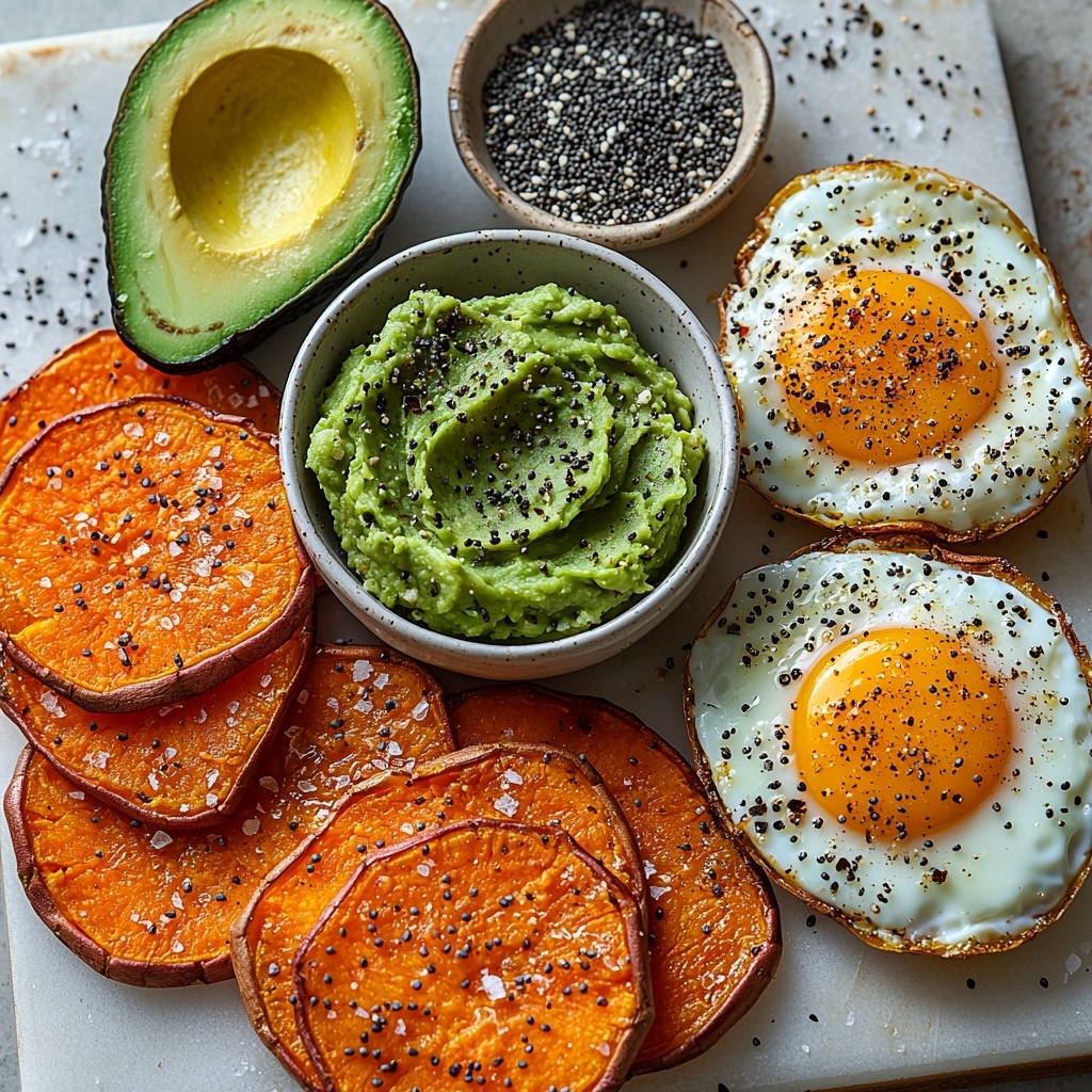 Sweet potato slices, fresh ripe avocado halves with bright green flesh, smooth mashed avocado in a small white bowl with a drizzle of lemon juice visible, two perfectly cooked eggs—one fried with golden crispy edges, one poached with soft white texture, small ceramic bowls containing everything bagel seasoning and red pepper flakes, a small dish with coarse salt and black pepper, all arranged neatly on a clean light wood or white quartz surface. The sweet potato slices are fanned out beside the whole avocado halves, the mashed avocado bowl placed centrally with a small silver spoon, eggs carefully positioned close by to showcase their texture. Sprinkled raw ingredients subtly scattered around for natural, candid effect. Soft natural light from one side enhances vibrant orange, green, and white colors with delicate shadows for depth, emphasizing the rustic yet fresh and wholesome feel. Overhead shot, top down view, flat lay photography, professional food styling --ar 1:1 --q 2 --s 750 --v 6.1
