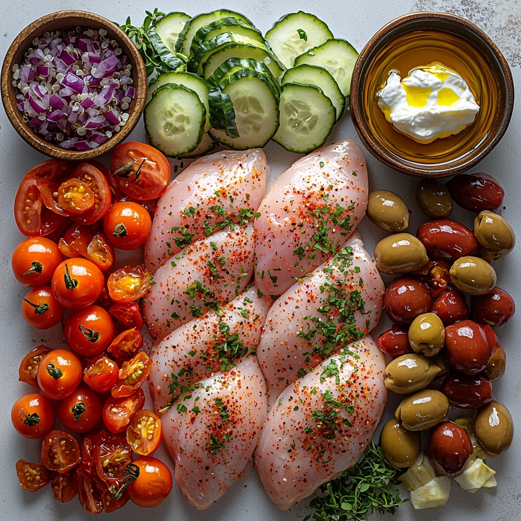 A bright, clean flat lay featuring the main ingredients of a Loaded Mediterranean Chicken Power Bowl, artfully arranged on a smooth white surface. Two large raw boneless, skinless chicken breasts sit slightly apart, showing their plump texture. Nearby, a small bowl of golden olive oil glistens, alongside small heaps of paprika, dried oregano, garlic powder, and coarse salt and black pepper, each spice displaying rich red, green, and earthy brown tones. A portion of cooked fluffy quinoa or brown rice is neatly piled, its grains light and textured. Halved cherry tomatoes explode with vibrant red and orange hues, paired with crisp diced cucumber in cool pale green cubes. Thinly sliced, translucent red onion ribbons fan out nearby, adding a delicate purple tint. Crumbled creamy white feta cheese is scattered loosely, complemented by glossy dark purple kalamata olive slices. A rustic bowl holds thick, creamy plain Greek yogurt on which finely grated cucumber rests, bright green and moist, and a small lemon wedge gleams fresh yellow. Minced garlic cloves are delicately placed with a drizzle of olive oil forming a smooth golden pool. The overall composition balances lush Mediterranean colors and textures with casual, yet refined styling: soft natural light, subtle shadows, small herb sprigs or a lemon slice for contrast, emphasizing freshness and wholesome ingredients. overhead shot, top down view, flat lay photography, professional food styling --ar 1:1 --q 2 --s 750 --v 6.1