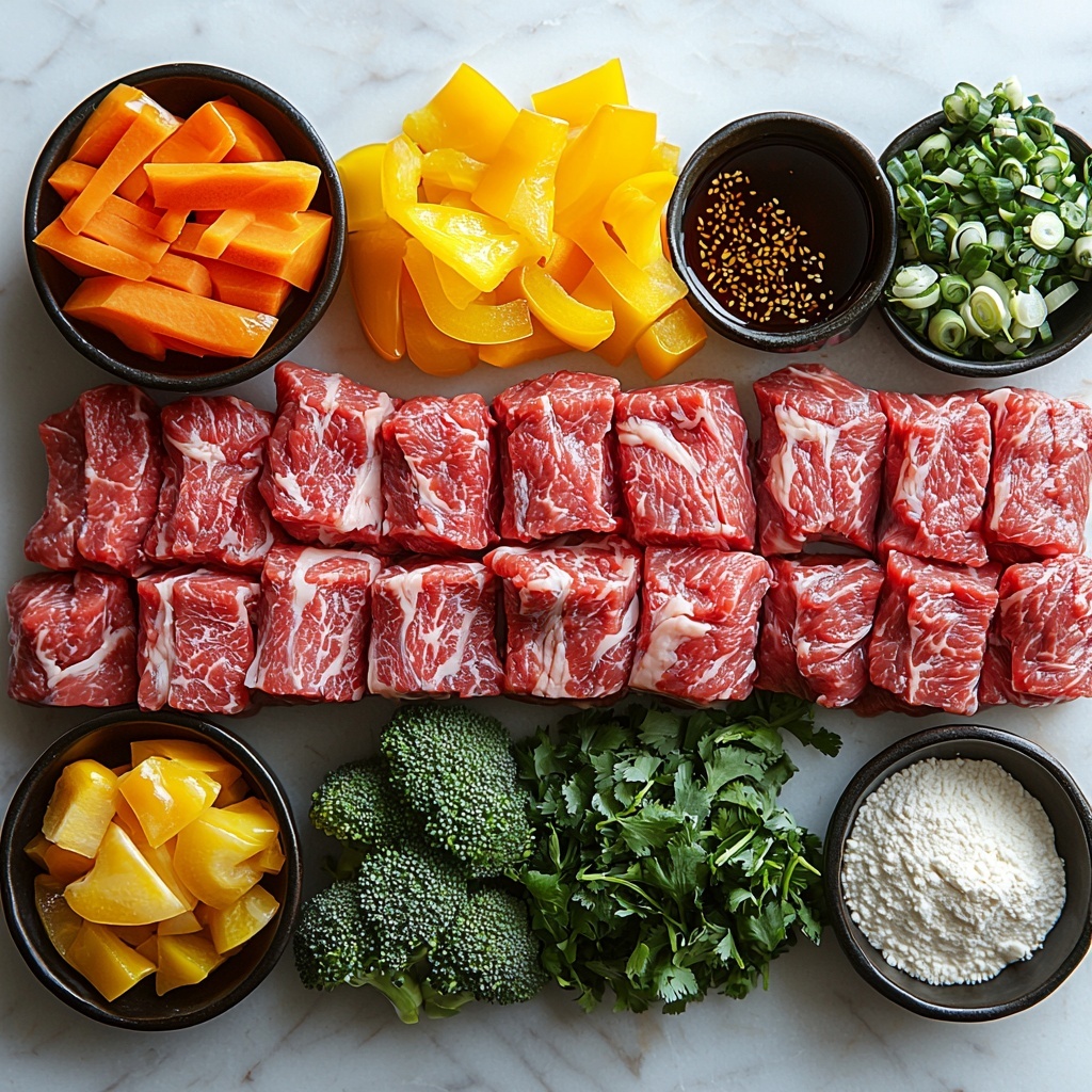 Beef sirloin thinly sliced into strips, vibrant red bell pepper slices, bright yellow bell pepper slices, fresh green broccoli florets, thinly sliced orange carrots, finely grated pale yellow fresh ginger, minced white garlic cloves, small dishes with dark soy sauce and glossy oyster sauce, heap of white cornstarch powder, and a small bowl of golden vegetable oil, all neatly arranged on a clean white marble surface. Ingredients are organized in small piles or bowls showcasing their natural colors and textures, with contrasting vibrant vegetables next to tender raw beef strips, and garnished subtly with a few sprigs of fresh green herbs for an added pop of color. Soft natural lighting highlights the moisture and freshness of ingredients, casting gentle shadows to enhance depth and dimension. The composition is balanced with ample negative space to create a crisp and inviting flat lay.

overhead shot, top down view, flat lay photography, professional food styling --ar 1:1 --q 2 --s 750 --v 6.1